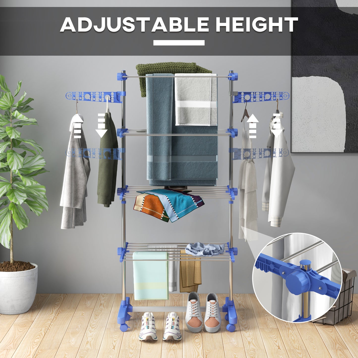 HOMCOM Garment Drying Rack Stainless Steel Folding Clothes Hanging Rack with Side Wings Castors for Indoor Outdoor Grey