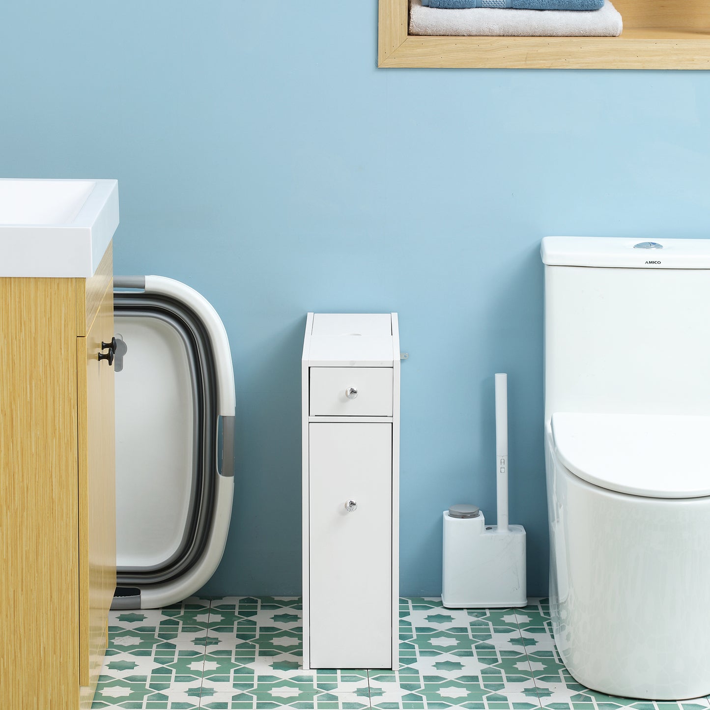 HOMCOM Space Saving Toilet Paper Cabinet, Narrow Bathroom Cabinet with Drawers and Hidden Storage, White