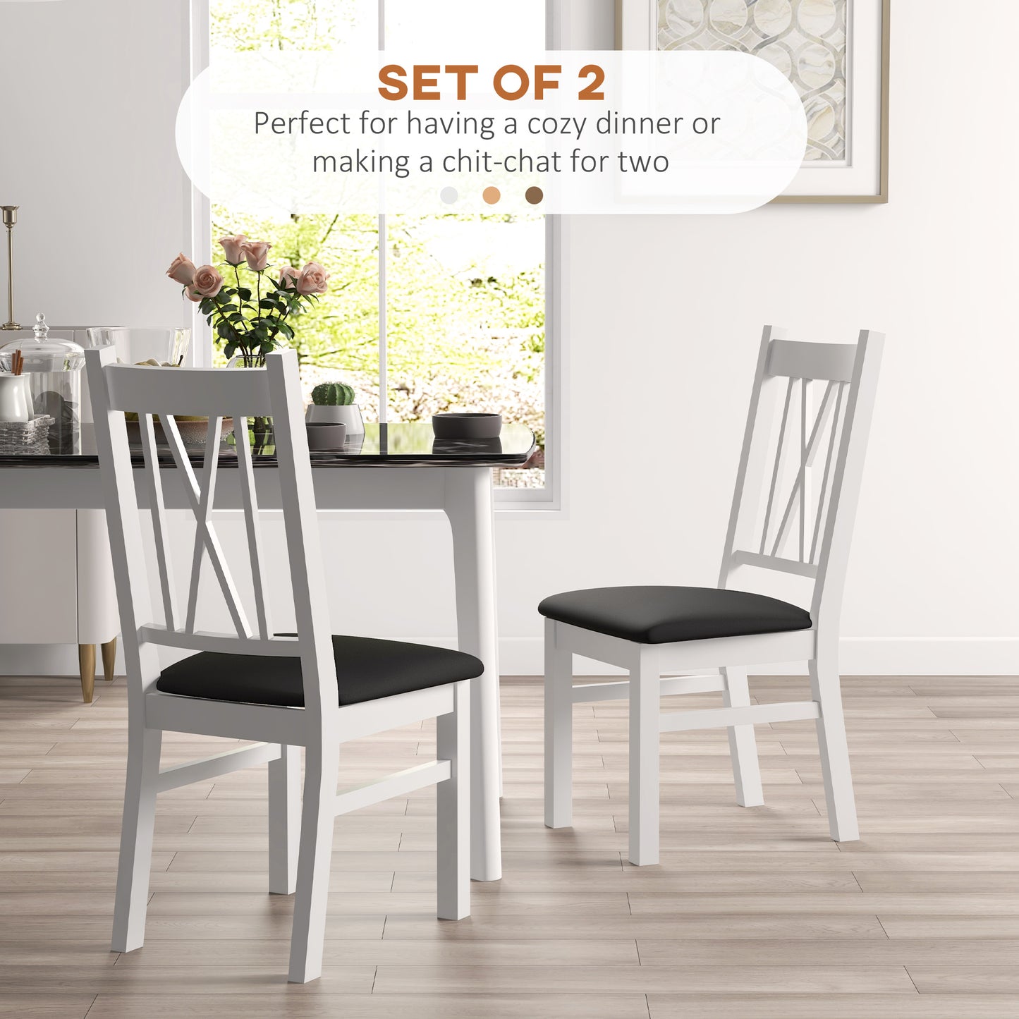 HOMCOM Farmhouse Dining Table Chairs Set of 2, Pine Wood Kitchen Table Chairs with PU Leather Cushion for Living Room, Bedroom
