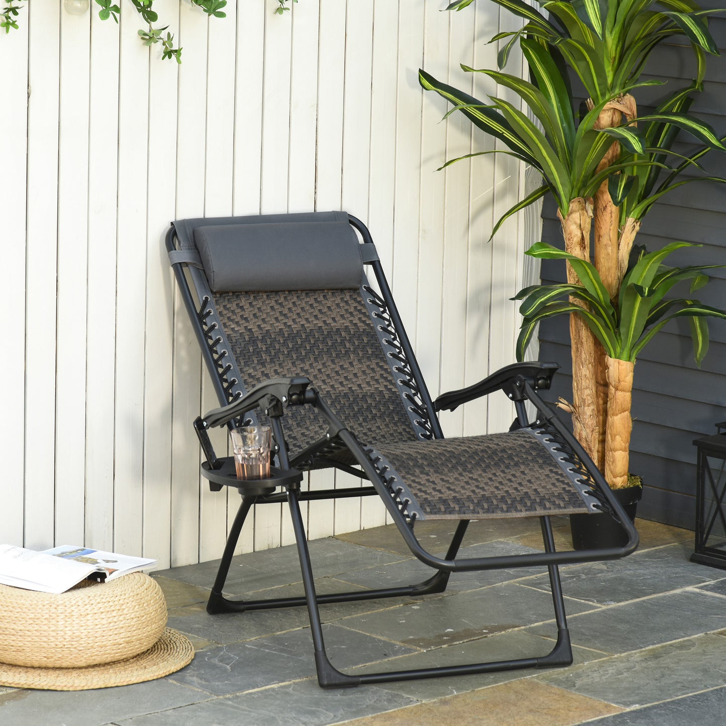 Outsunny Wicker Folding Lounge Chair with Adjustable Backrest, Rattan Recliner Chair with Headrest & Side Table Tray, Grey