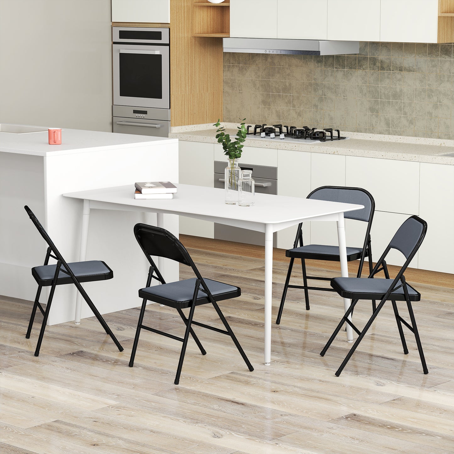 HOMCOM Set of 6 Metal Foldable Chairs, Linen Padded Folding Chairs with Cushion Seat and Open Back for Indoor, Black