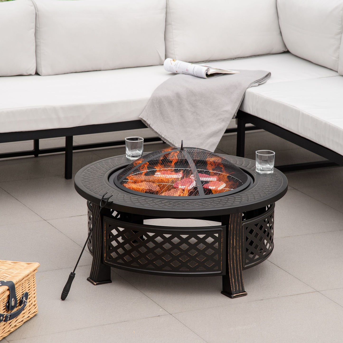 Outsunny Outdoor Fire Pit, Firepit with Grill Net, Mesh Lid, Poker, for Camping, Bonfire, Picnic, Bronze