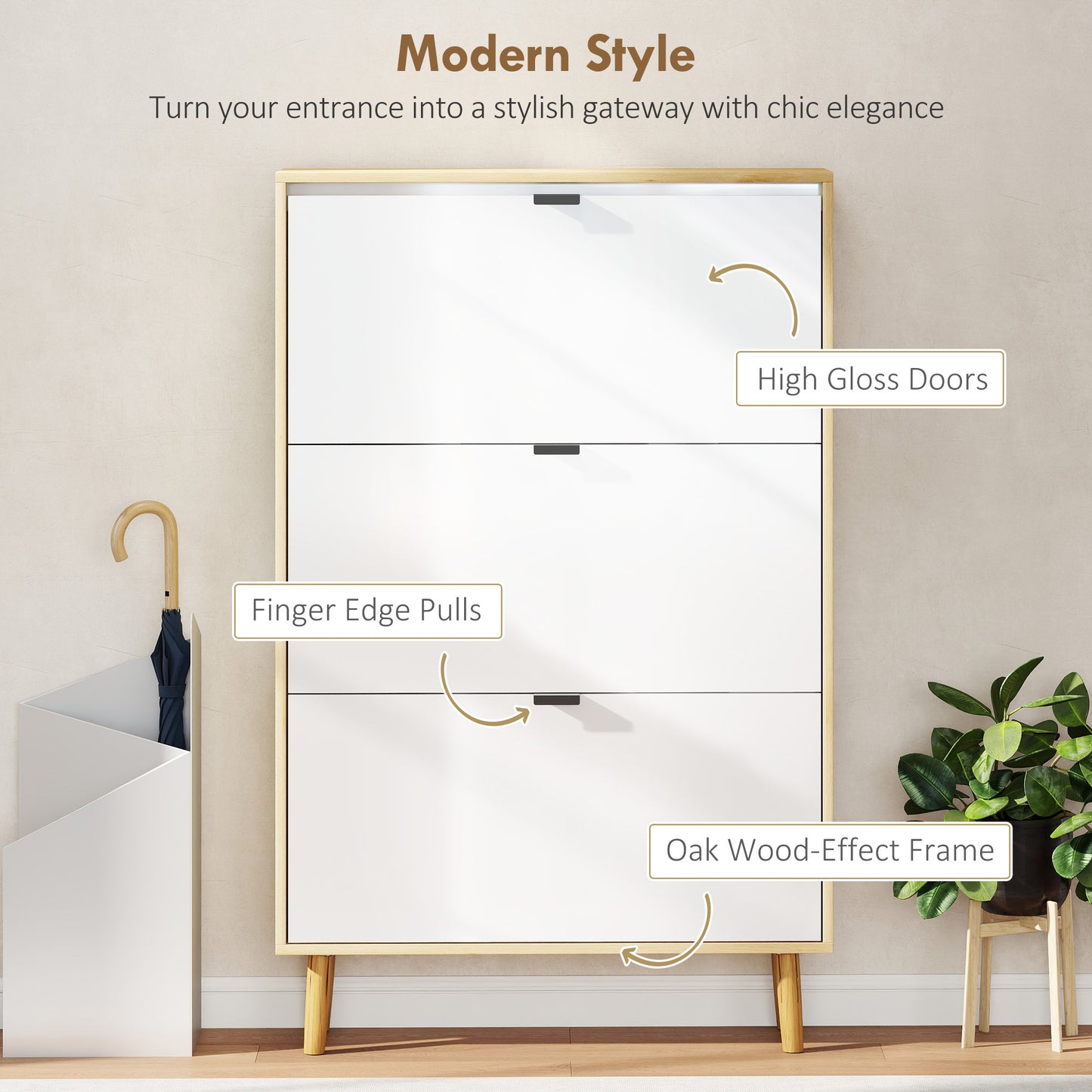 HOMCOM Narrow Shoe Cabinet, High Gloss Shoe Storage Cabinet with 4 Flip Drawers and Adjustable Shelves, Holds 20 Pairs, White