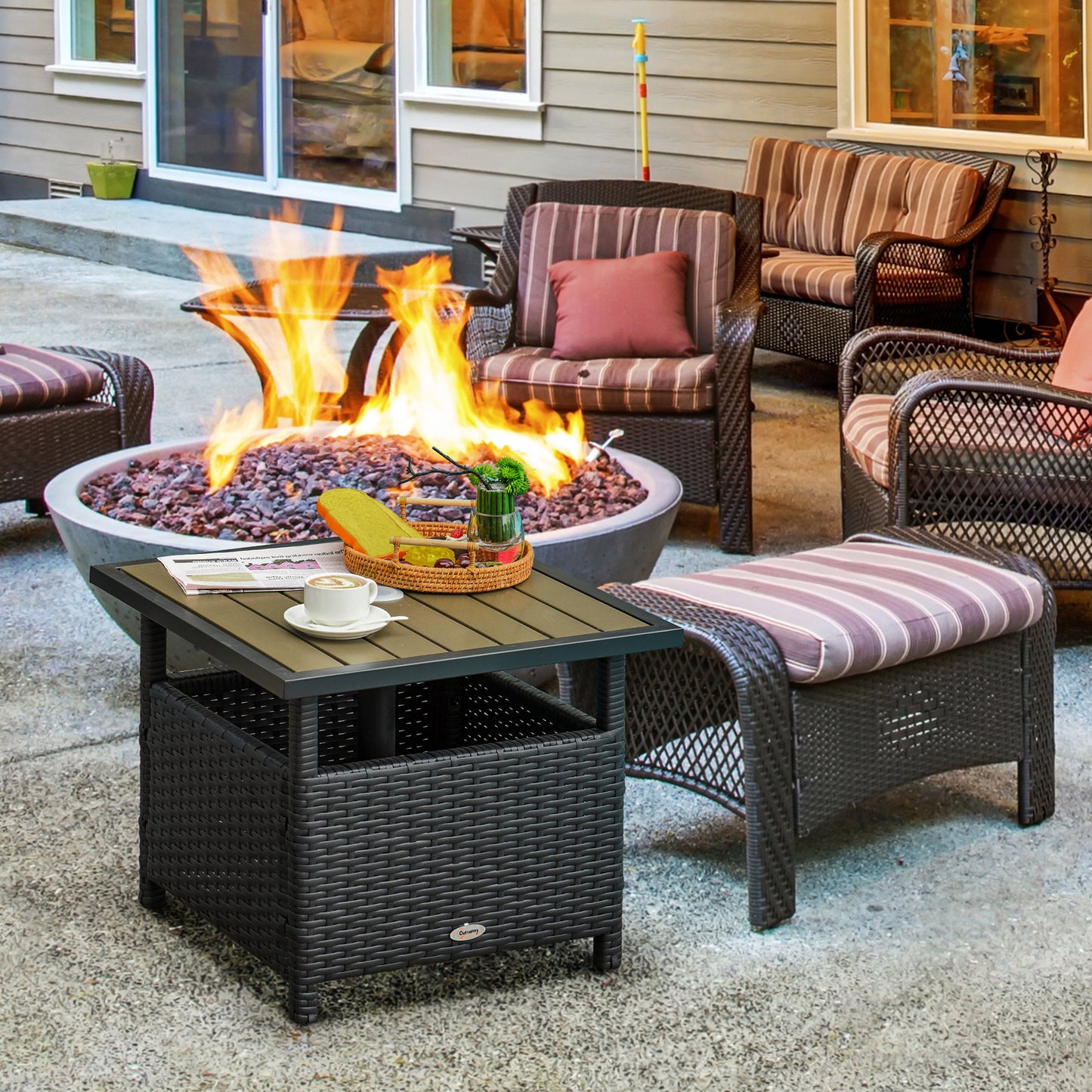 Outsunny 22" Square Steel PE Rattan Wicker Table With Umbrella Hole, Outdoor Patio Accent Dining Side Table Used as Umbrella Stand, Black