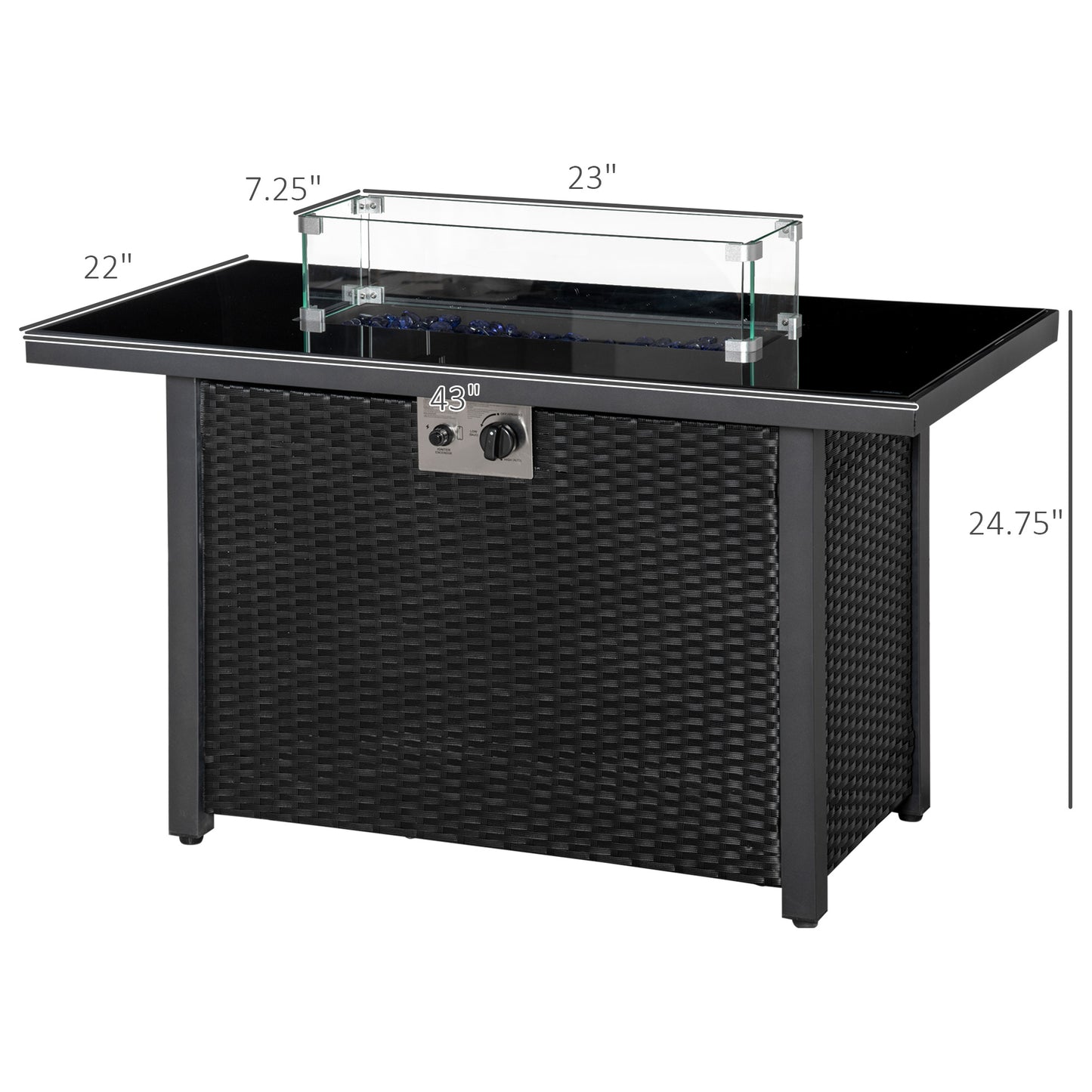 Outsunny Propane Fire Pit Table 43in Outdoor Fire Table, 50,000 BTU Pulse-Ignition Wicker Firepit Furniture with Glass Wind Guard, Blue Glass Rock, CSA Certification, Black