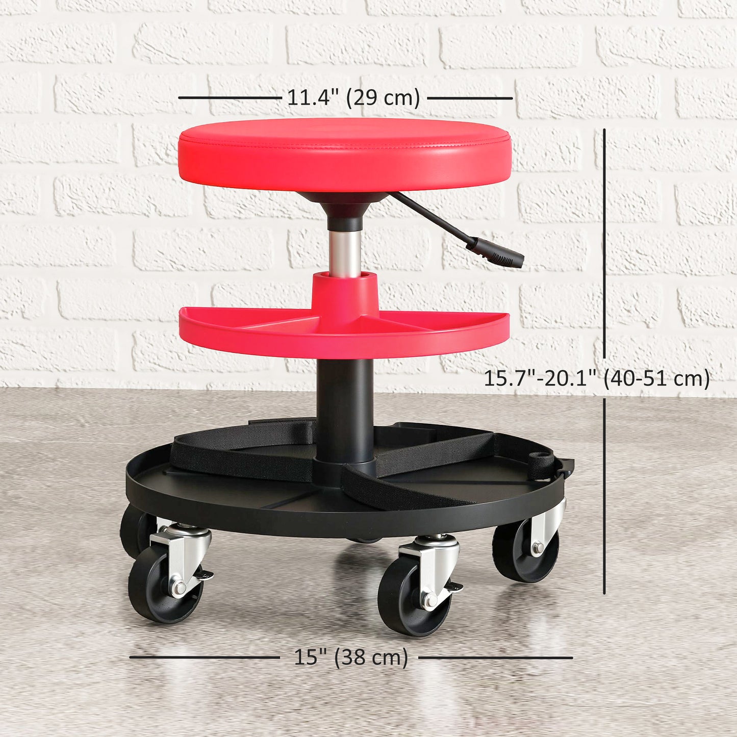 HOMCOM Rolling Garage Stool, 300 LBS Capacity Padded Mechanic Stool with 2.5" Wheels, Adjustable Height 15" -19.7", Red