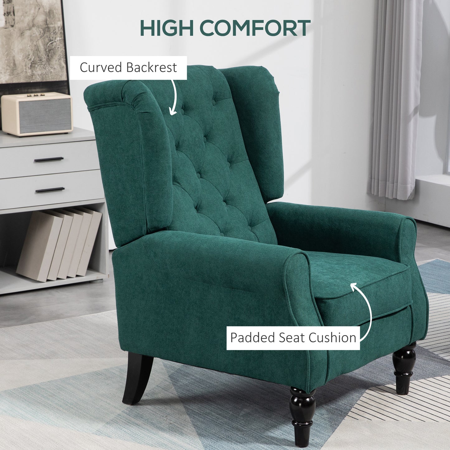 HOMCOM Fabric Accent Chair, Button Tufted Armchair, Upholstered Modern Living Room Chair, Wingback Chair with Wood Legs, Rolled Arms, Thick Padding for Bedroom, White