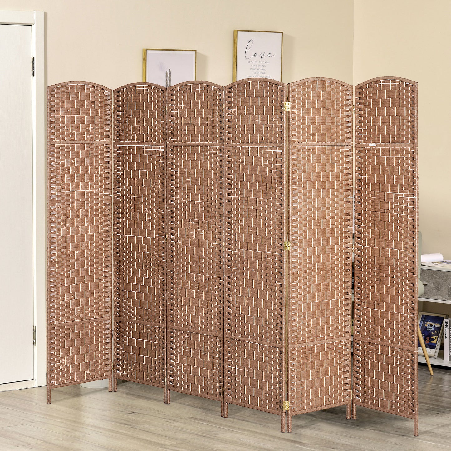 HOMCOM 6ft Folding Room Divider, 6 Panel Wall Partition with Wooden Frame for Bedroom, Home Office, Natural