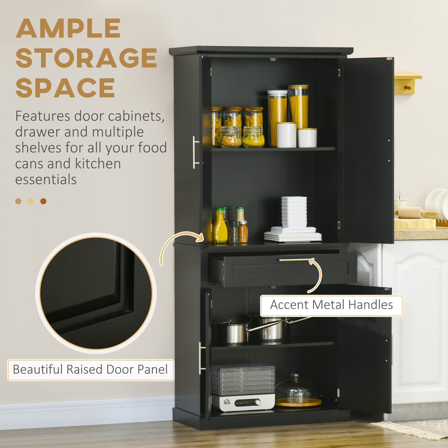 HOMCOM 72" Kitchen Pantry Cabinet, Freestanding Storage Cabinet, 4-Door Cabinet with Drawer and Adjustable Shelves, White