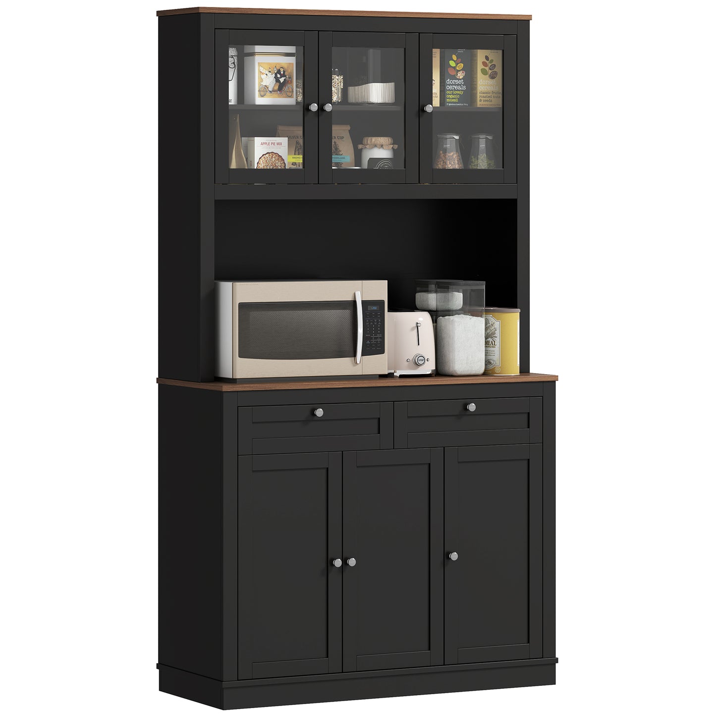 HOMCOM 71" Pantry Cabinet with Microwave Space, Buffet with Hutch, 2 Drawers, Adjustable Shelves and Glass Doors, Black