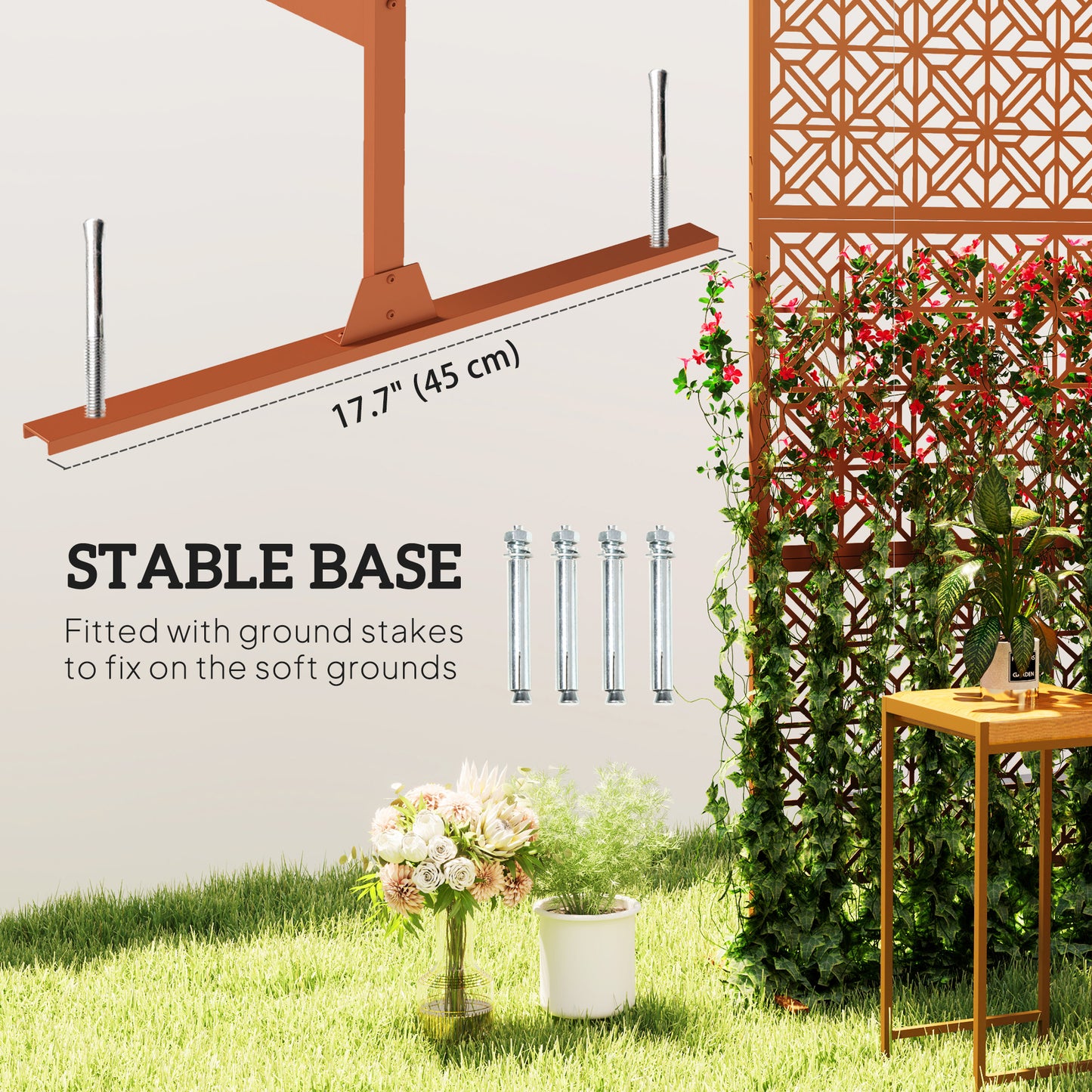Outsunny Decorative Outdoor Privacy Panel with Stand, Freestanding Metal Outdoor Divider for Garden, Backyard, Deck, Brown