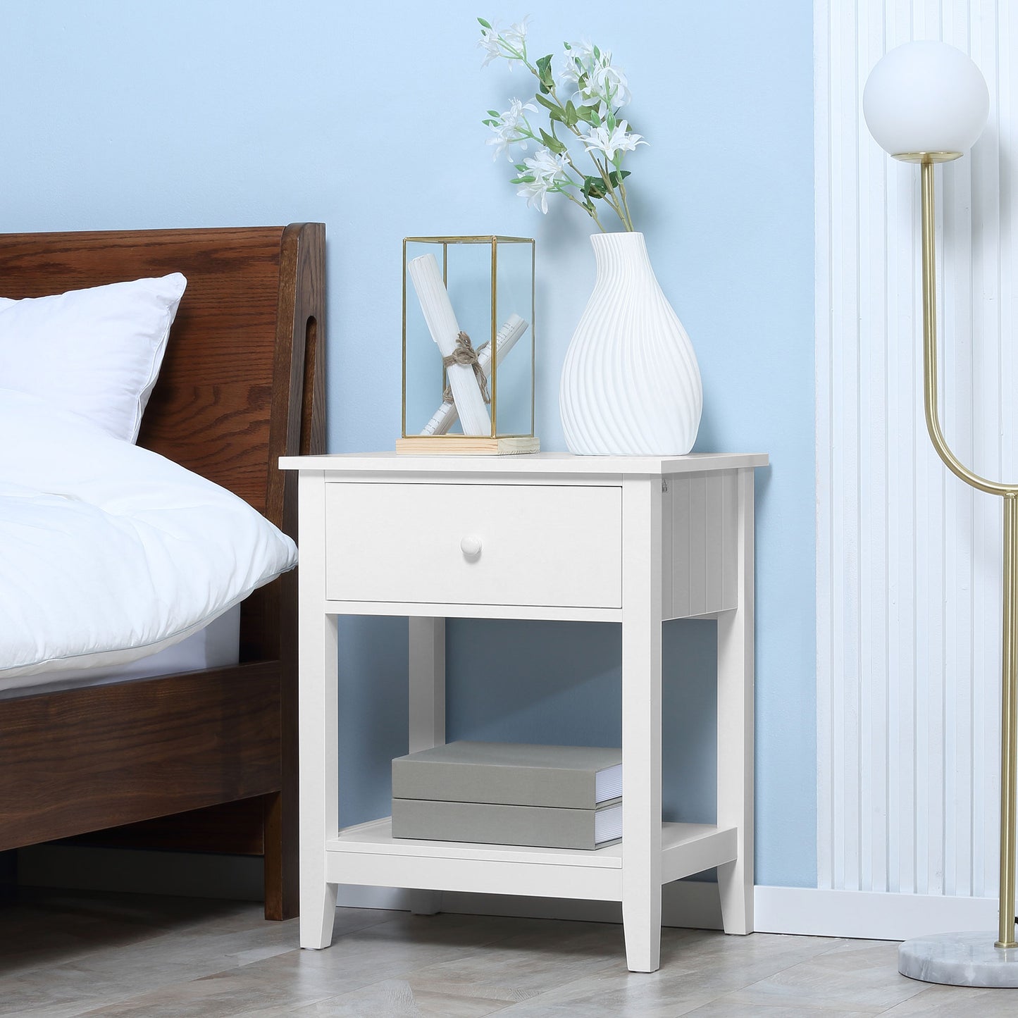 HOMCOM Modern Style Nightstand, Small End Table with Drawer and Storage Shelf for Bedroom, Living Room, White