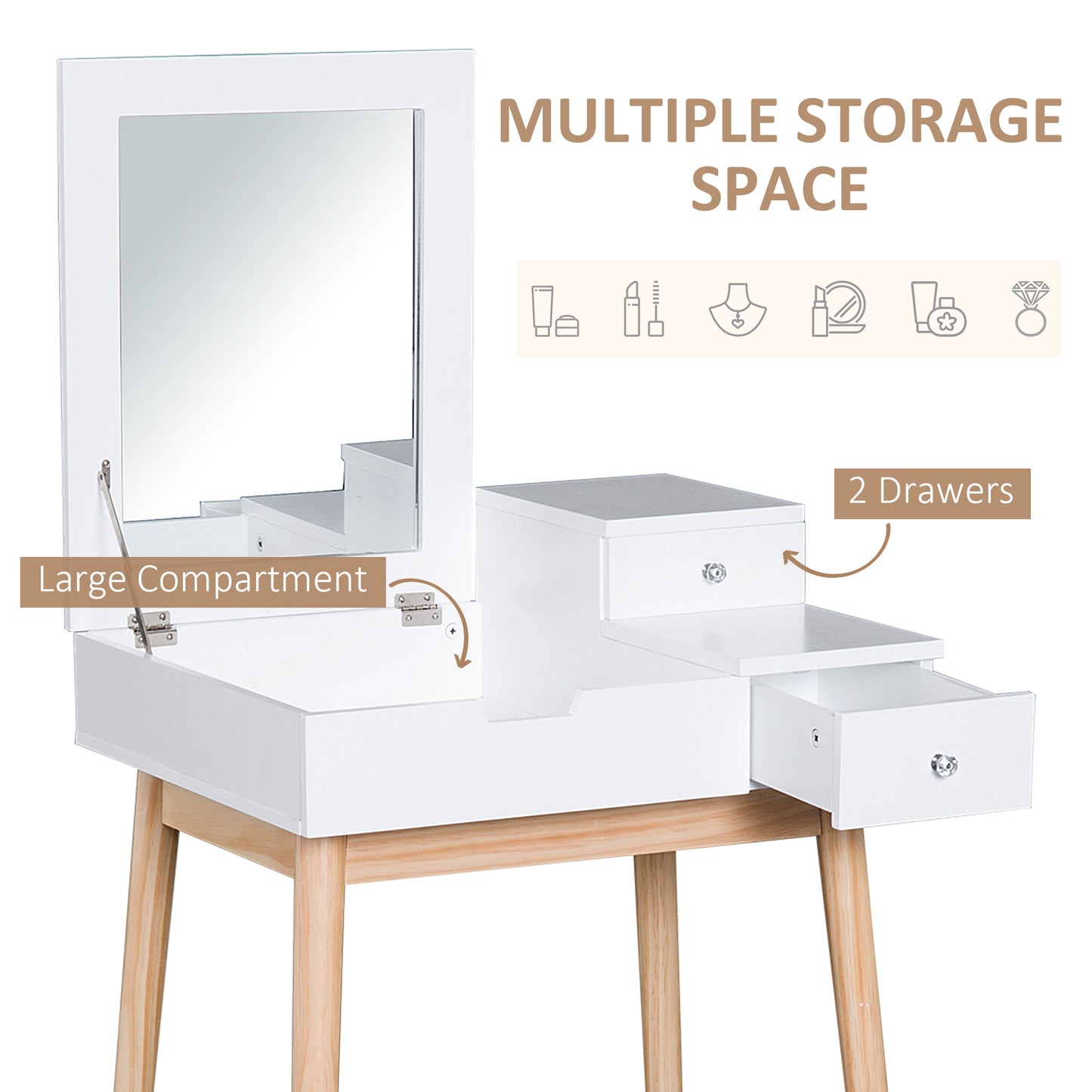 HOMCOM Makeup Vanity Table with Flip-up Mirror, Modern Dressing Table with 2 Drawers for Bedroom, White