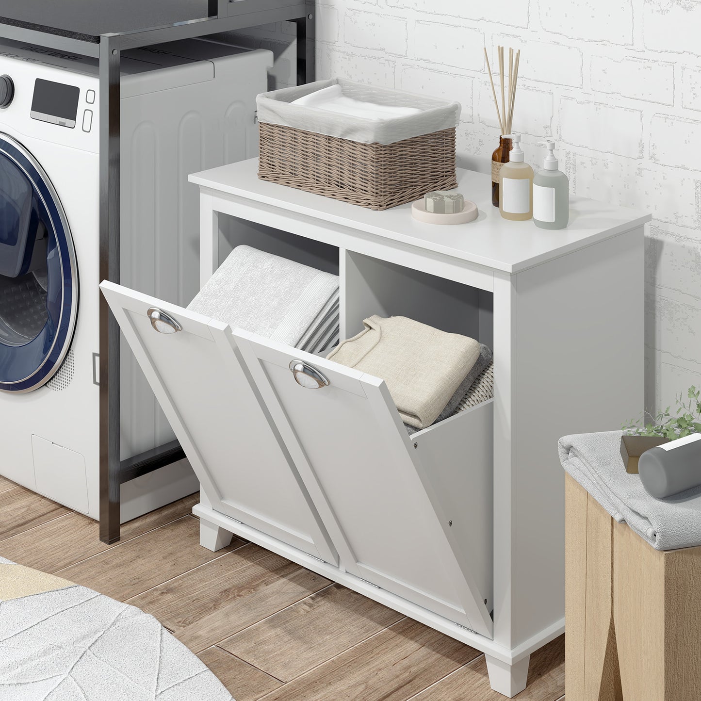 HOMCOM Tilt-Out Laundry Storage Cabinet, Bathroom Storage Organizer with Two-Compartment Tilt Out Hamper, White