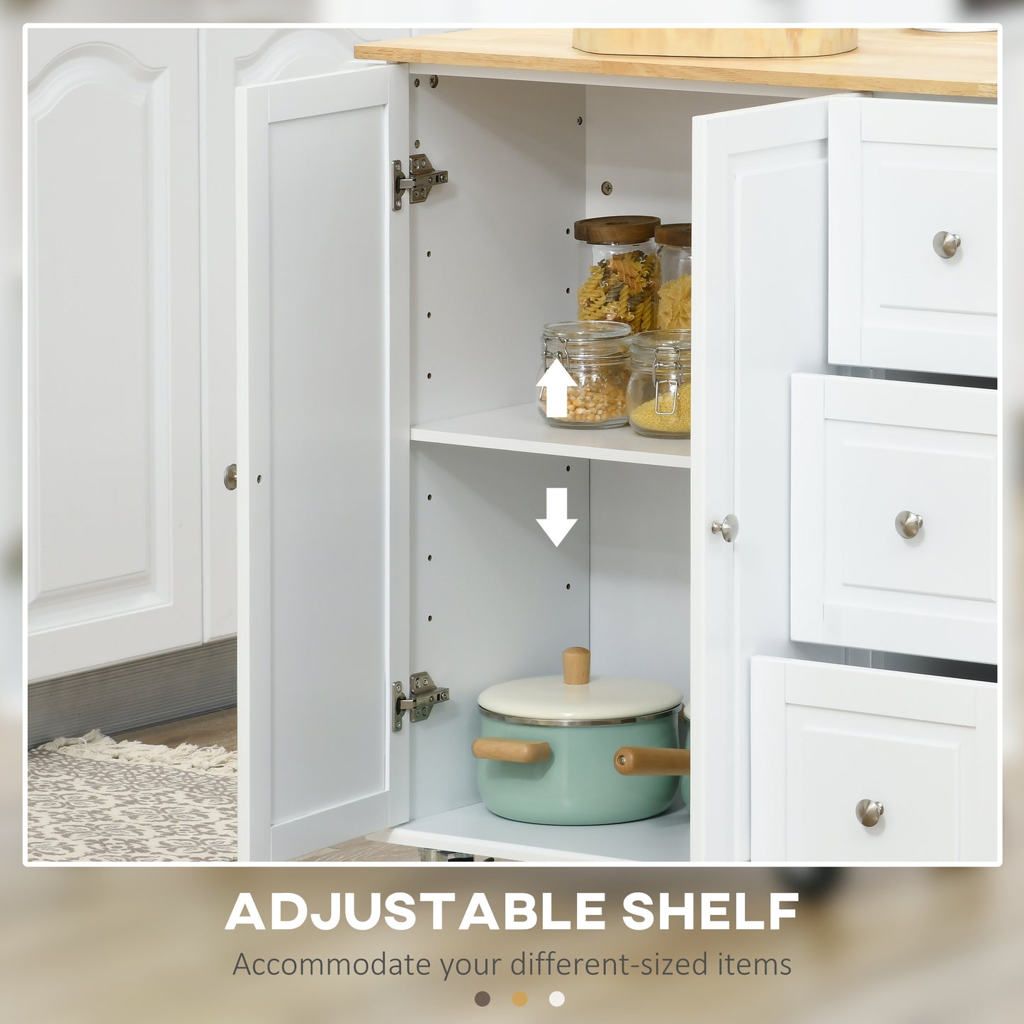 HOMCOM Kitchen Island with Drop Leaf, Rolling Kitchen Cart on Wheels with 3 Drawers, Cabinet, Natural Wood Top, Spice Rack and Towel Rack, White
