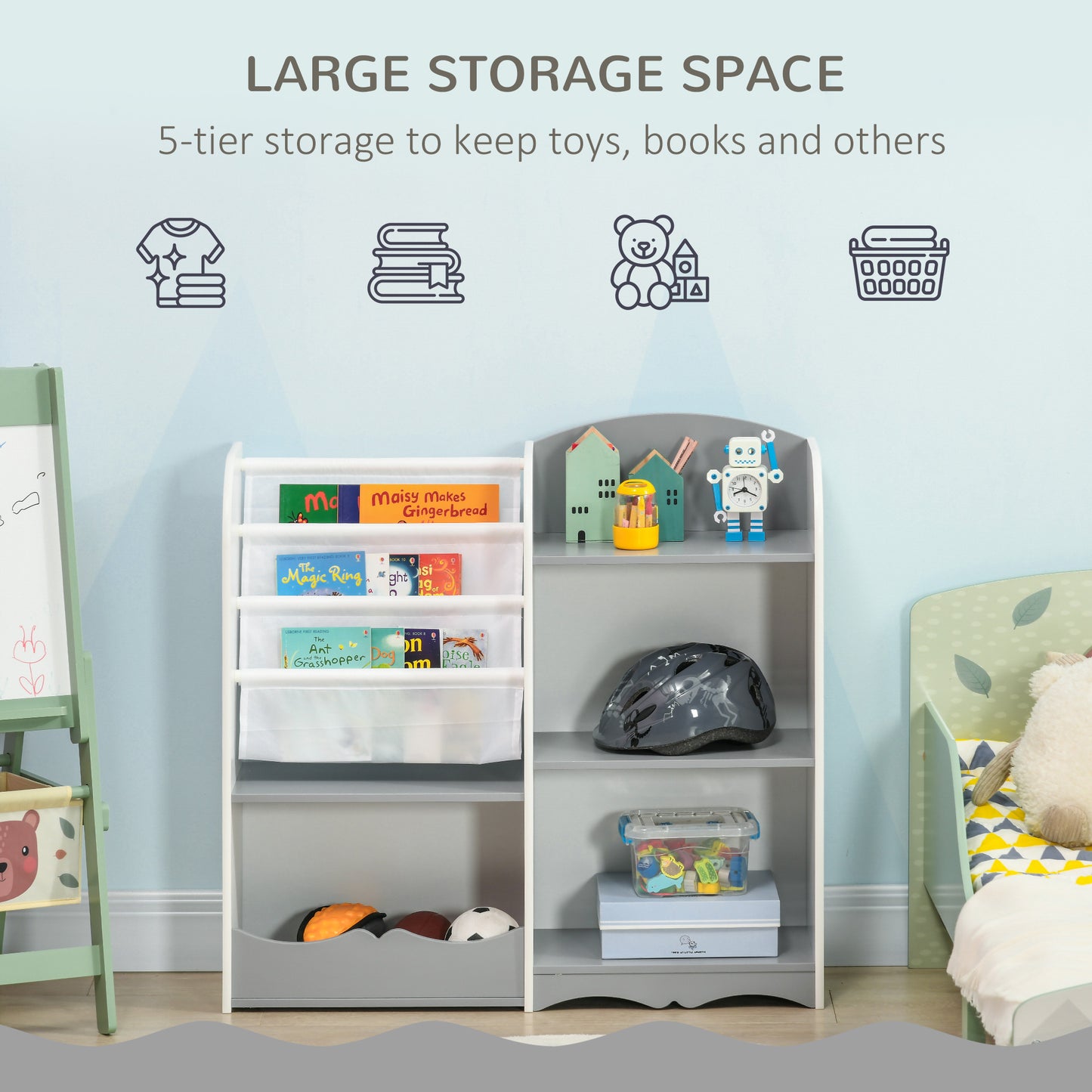 Qaba Kids Toy Storage Organizer Shelf, Children Bookshelf for Bedroom, Playroom, Nursery, Grey