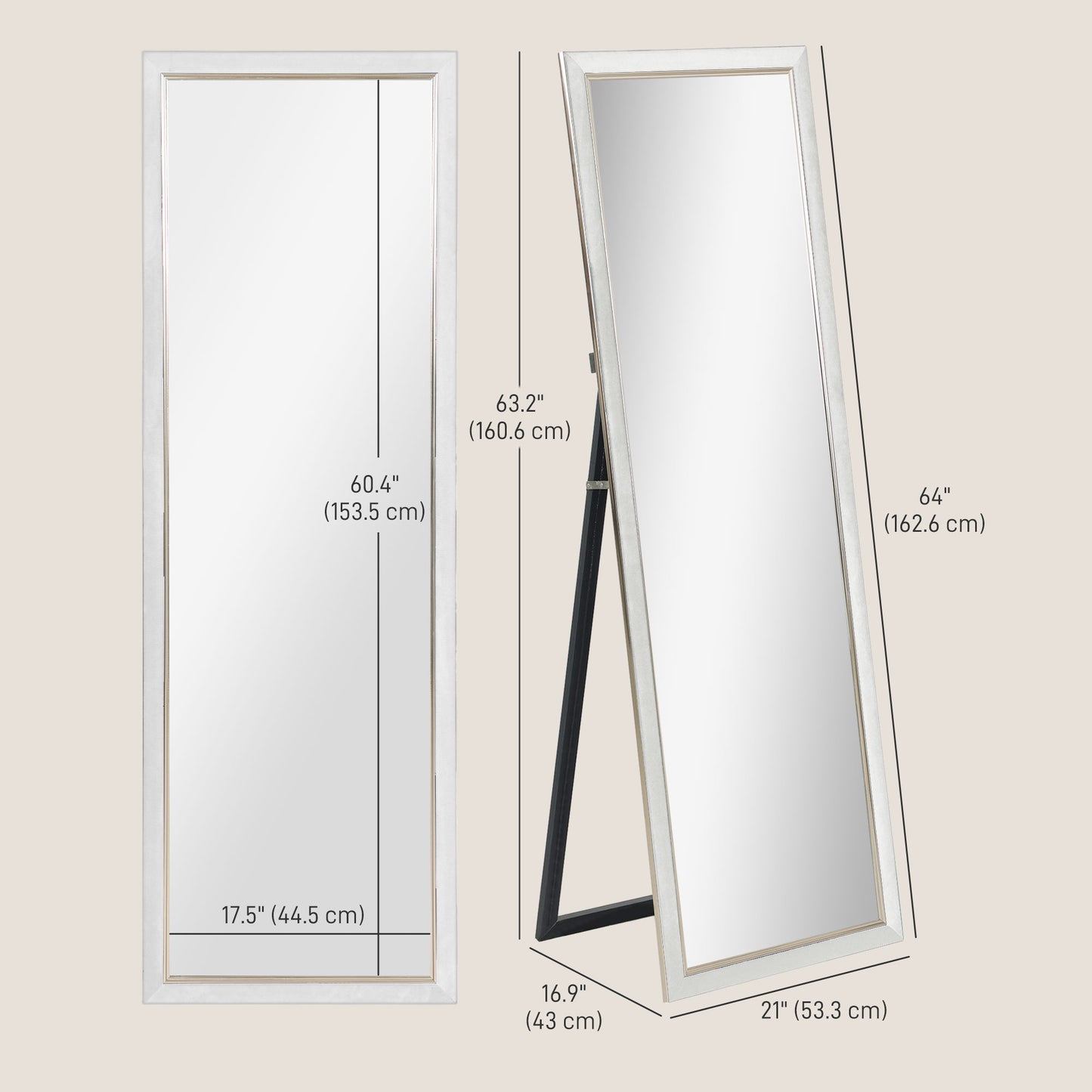 HOMCOM Floor Standing Mirror, Full Body Mirror, Free Standing, Leaning or Wall Mirror with Frame for Bedroom, Grey