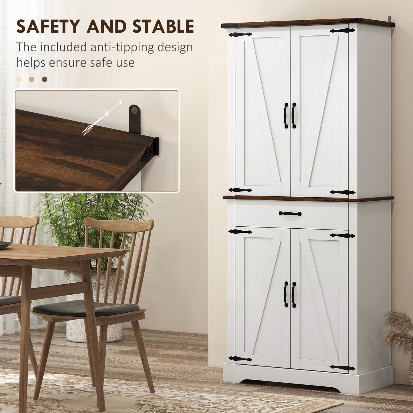 HOMCOM 71" Tall Kitchen Cabinet, Farmhouse Pantry Cabinet with Barn Doors, Drawer and Adjustable Shelves, White