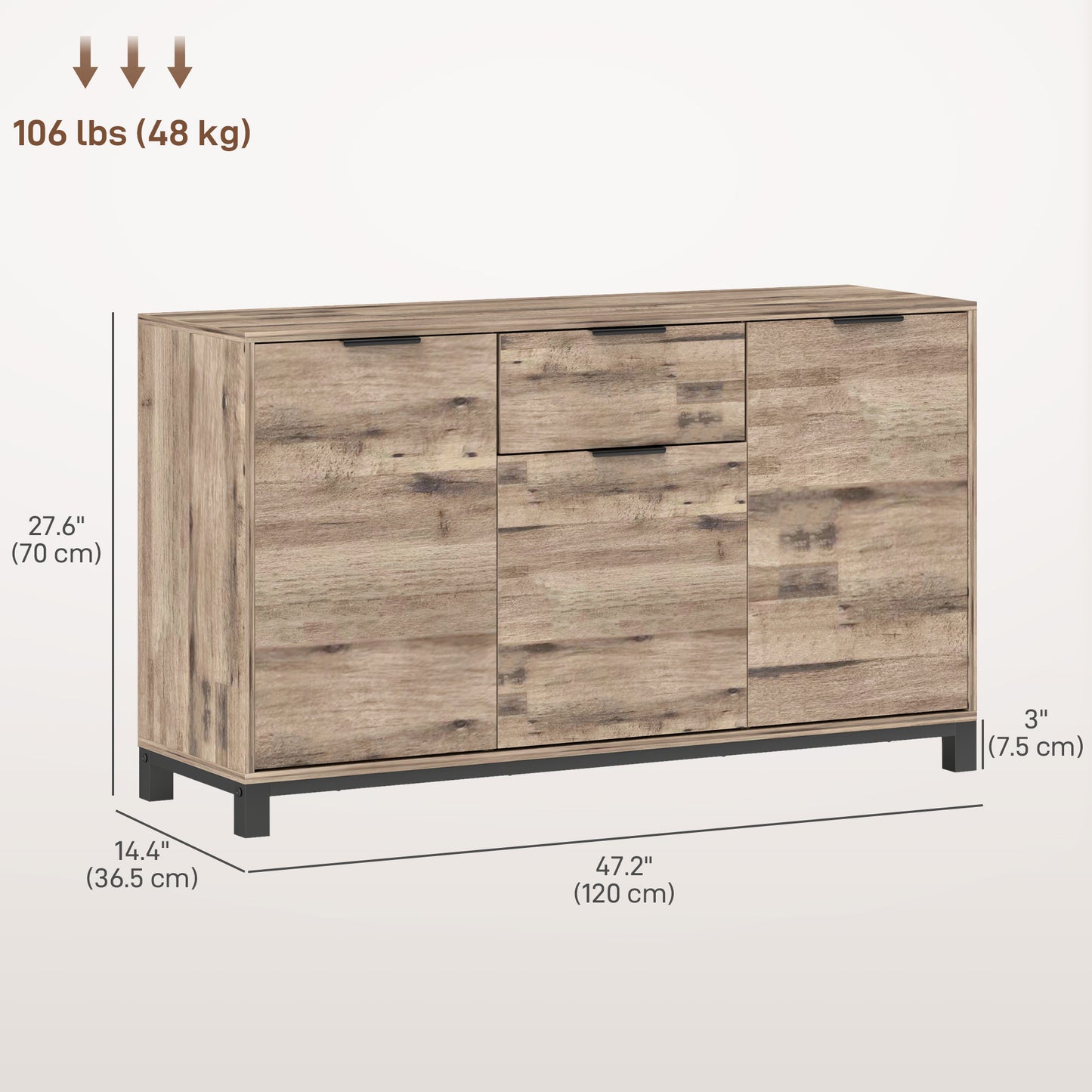 HOMCOM 47" Buffet Cabinet, Industrial Sideboard with 3 Doors, Drawer, 2 Adjustable Shelves for Living Room, Brown Wood Grain