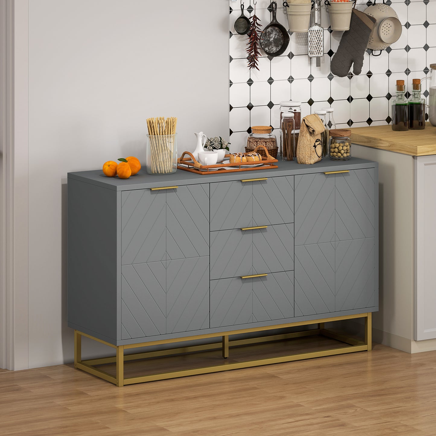 HOMCOM 47" Sideboard Buffet Cabinet with Storage, Contemporary Buffet Cabinet with Adjustable Shelves and Metal Legs, Kitchen Storage Cabinet with Elevated Base, White