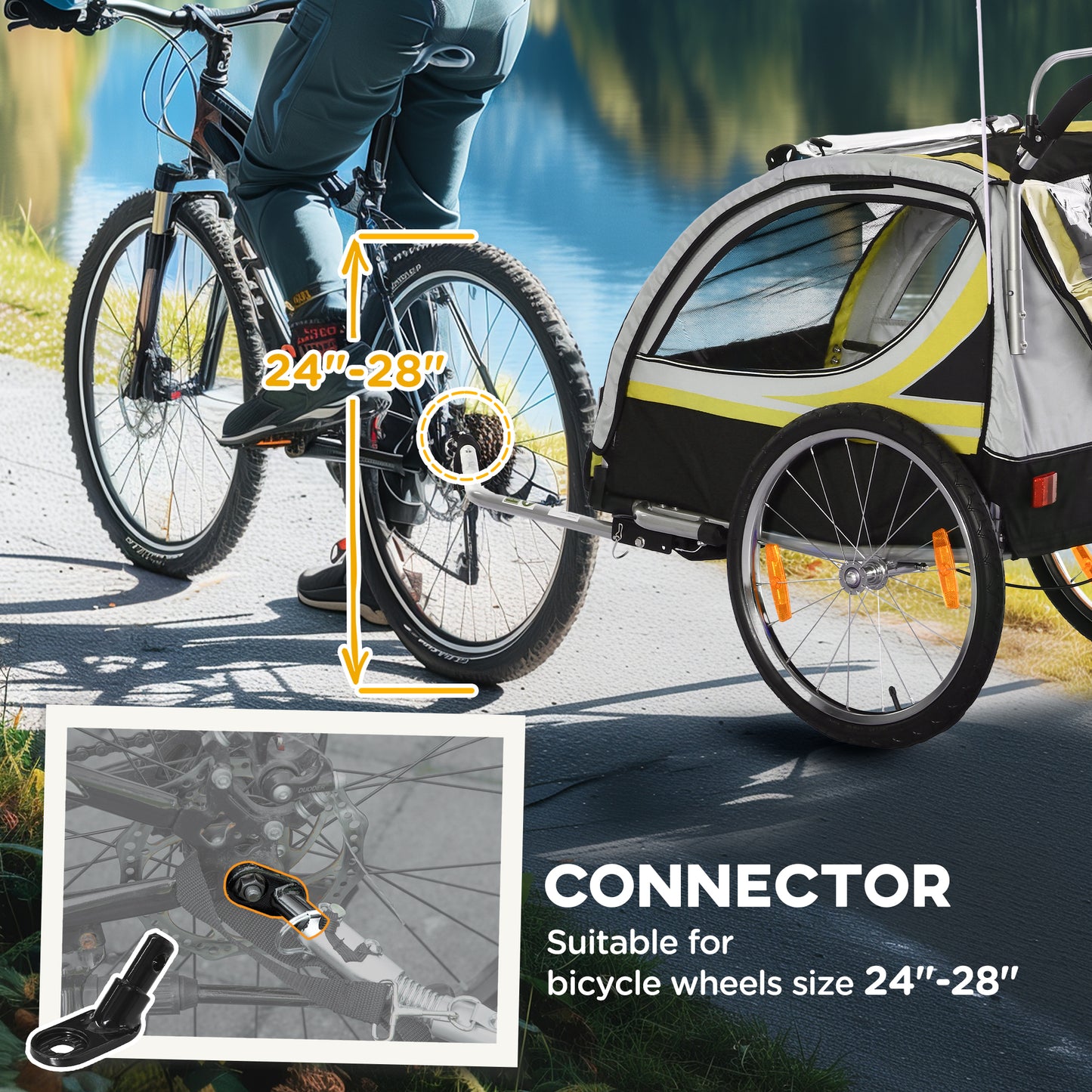 Aosom 2 Seat Bike Trailer for Kids 2-in-1 Double Baby Jogging Stroller with Handbrake, Rubber Wheels, 5 Point Harness, Waterproof Cover, Storage Bag, Reflectors, Yellow