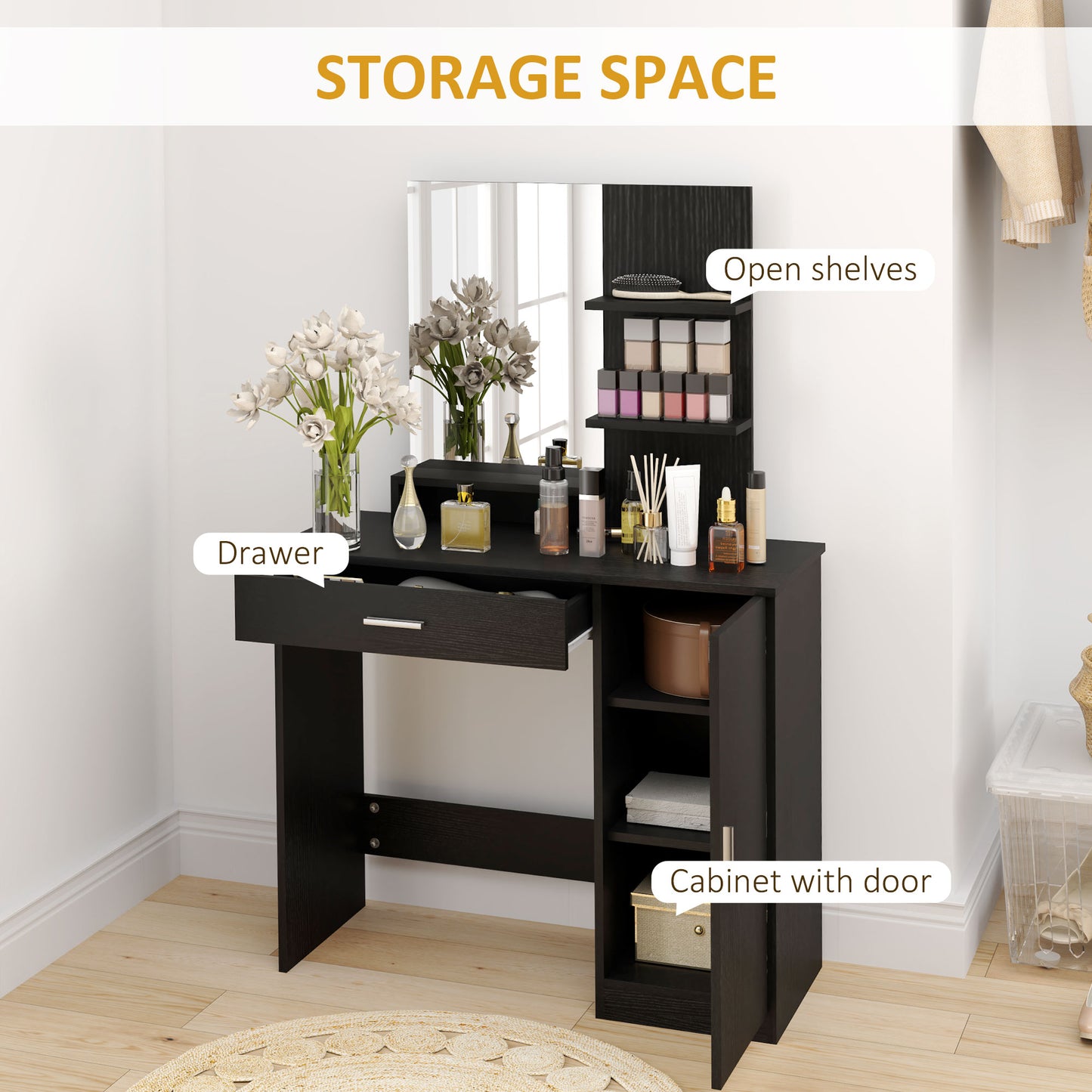 HOMCOM Dressing Table, Vanity Table with Mirror, Drawer and Storage Shelves for Bedroom, 35.4" x 15" x 54.3", White