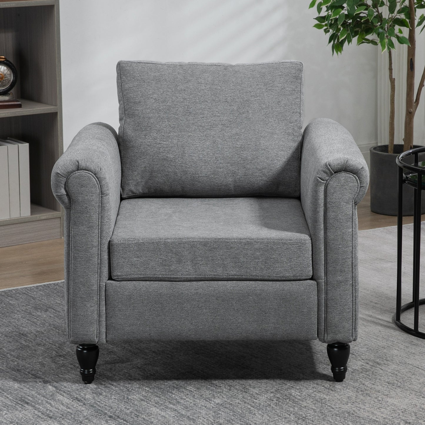 HOMCOM Vintage Armchair, Upholstered Accent Chair with Rolled Arms, Gourd-Shaped Rubber Wood Legs, Light Grey