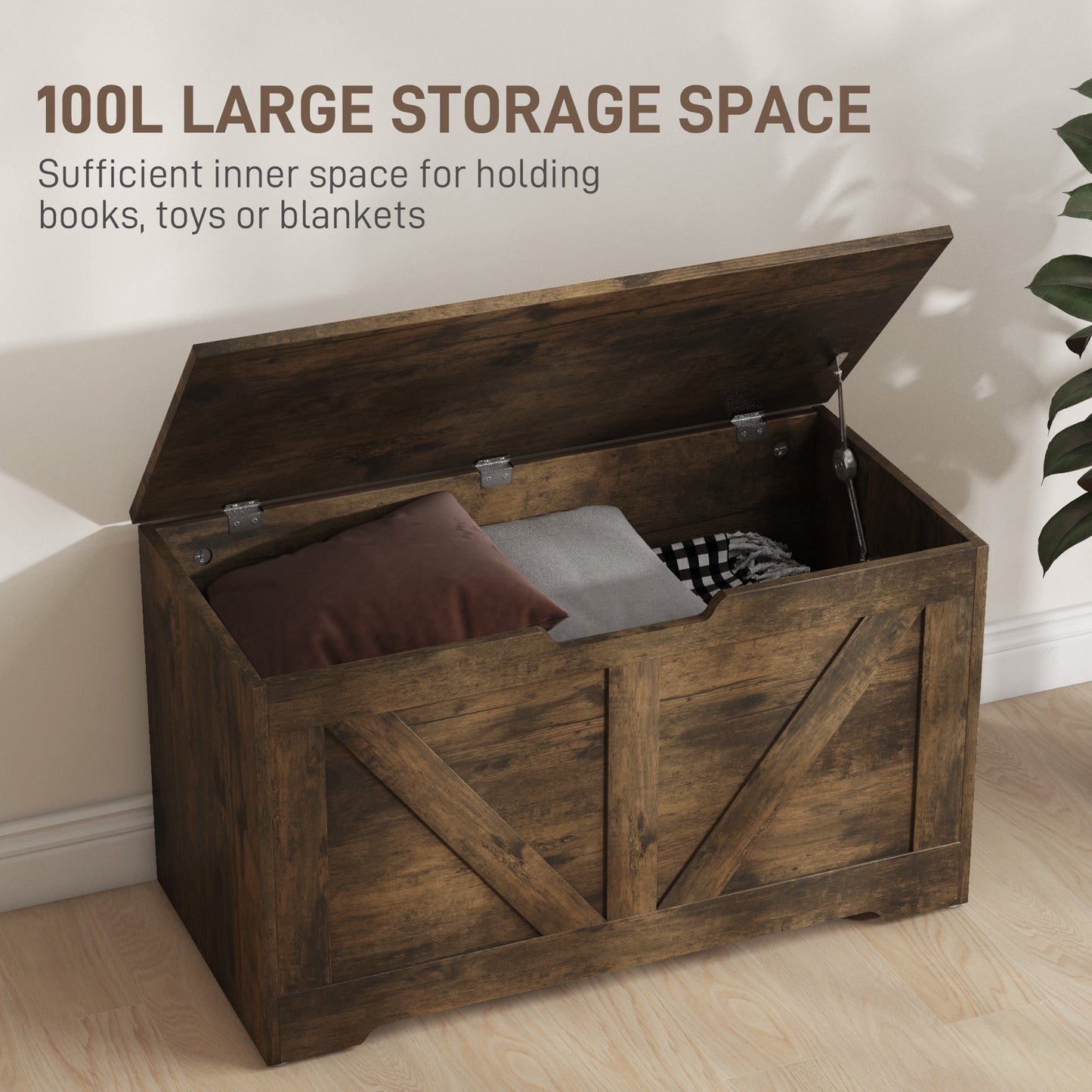 HOMCOM 31.5 Inches Storage Chest, Storage Trunk with 2 Safety Hinges, Wooden Box for Living Room, Black Wood Grain