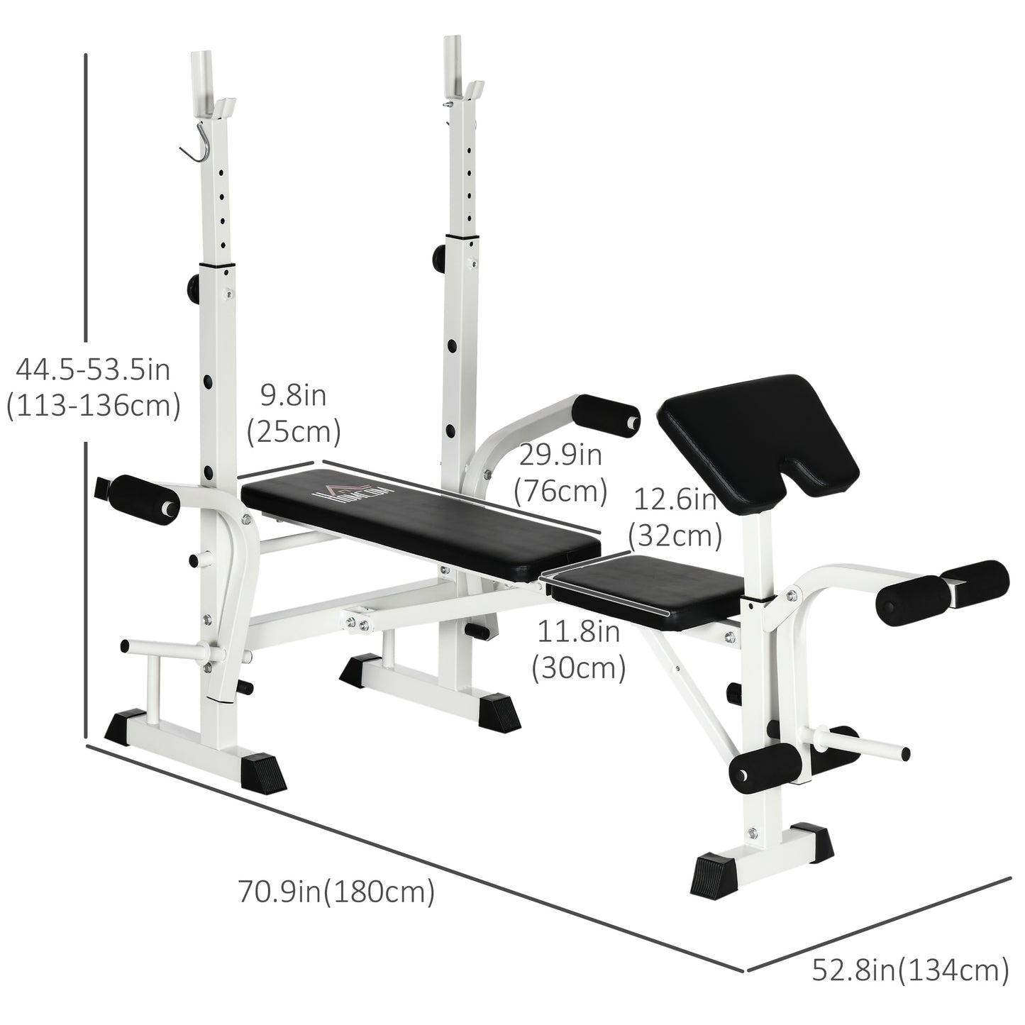 Soozier Bench Press Set Adjustable Weight Bench with Squat Rack, Preacher Curl Pad, Leg Developer and Weight Storage, White