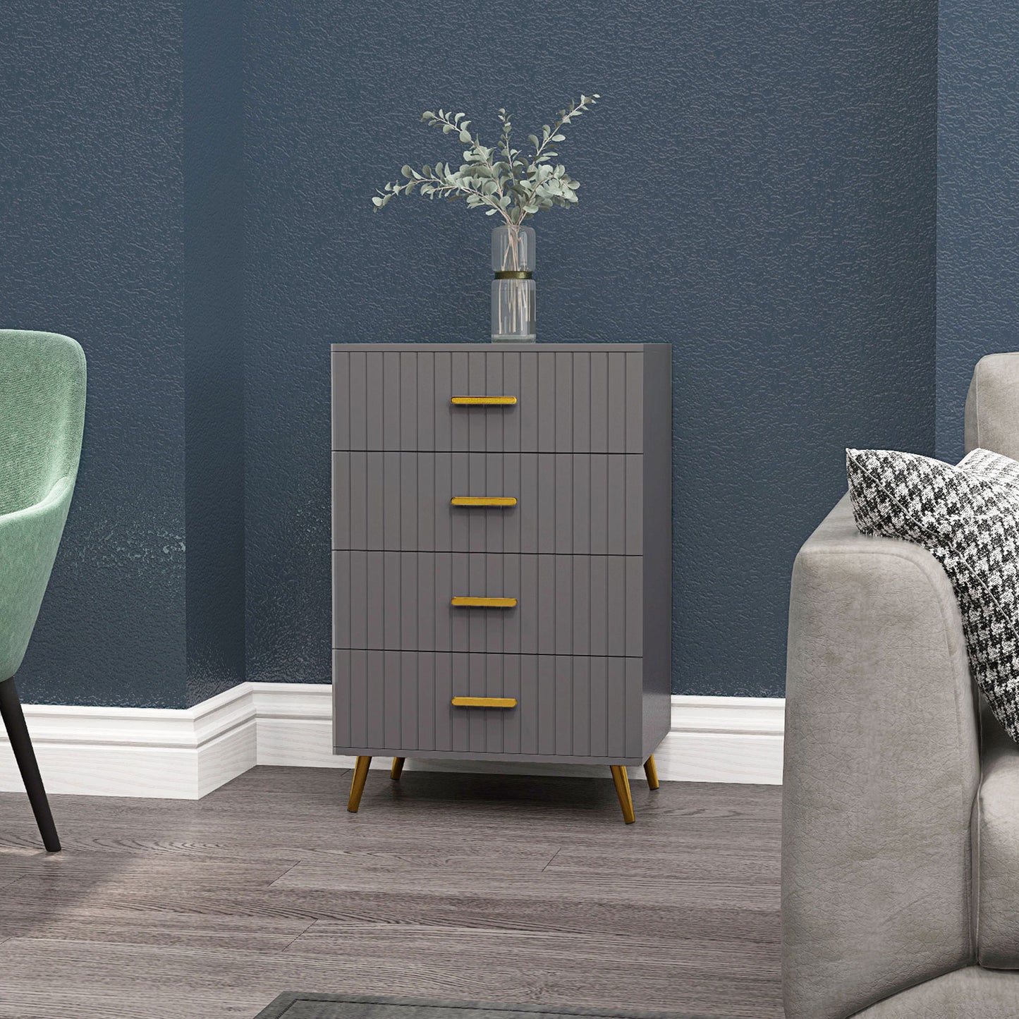 HOMCOM 3 Drawer Cabinet, Drawer Chest for Bedroom, Chest of Drawers with Aluminium Legs and Gold Handles, Dark Grey