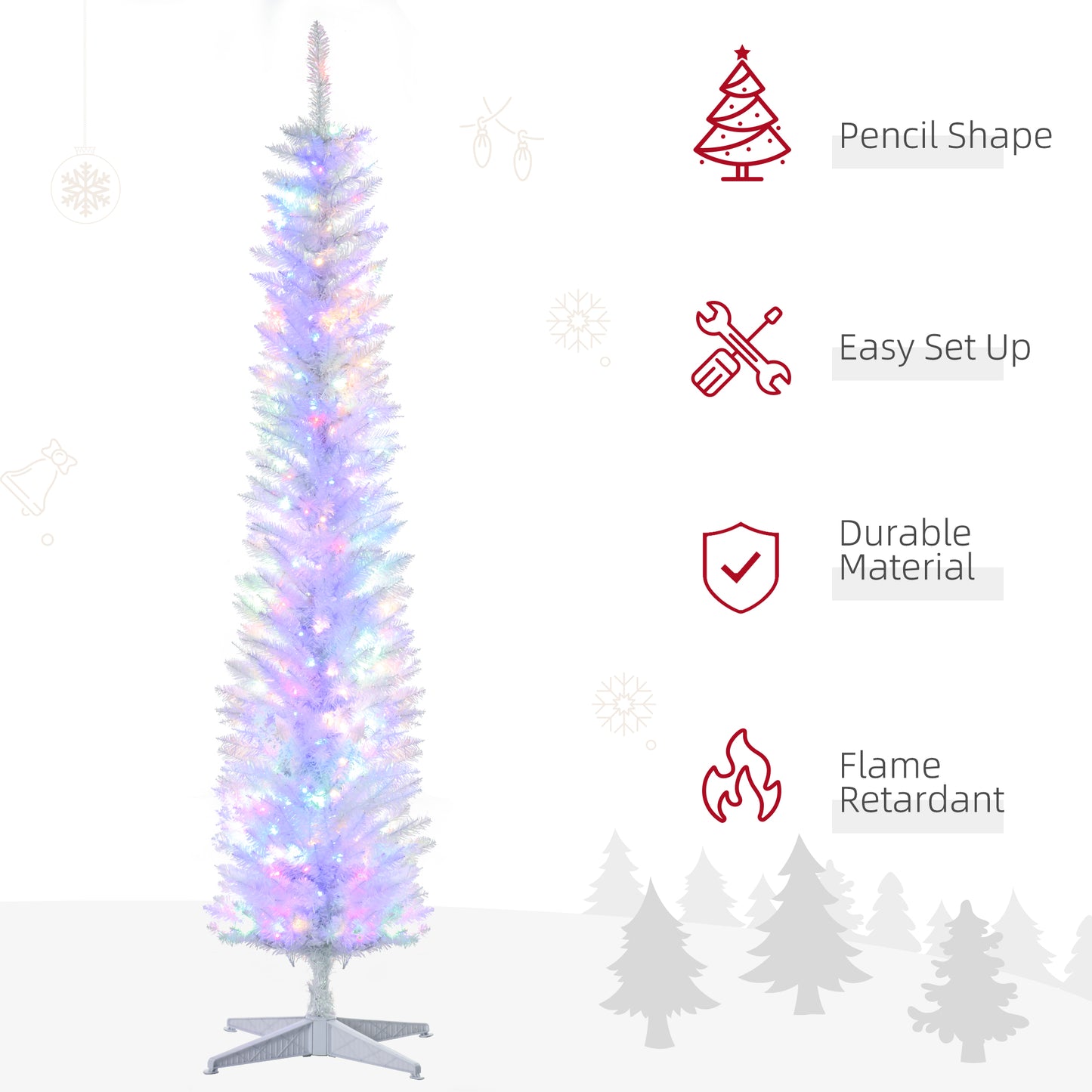 HOMCOM 7' Prelit Christmas Trees, Pencil Artificial Christmas Tree with Colourful Surface Tips, Colourful LED Lights, White