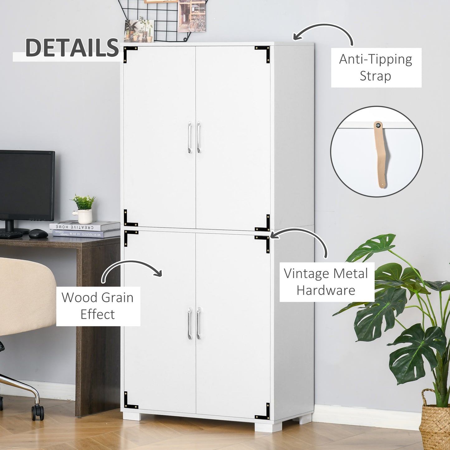 HOMCOM Farmhouse Kitchen Pantry Storage Cabinet with 4 Doors, Kitchen Cabinet with Shelves, White
