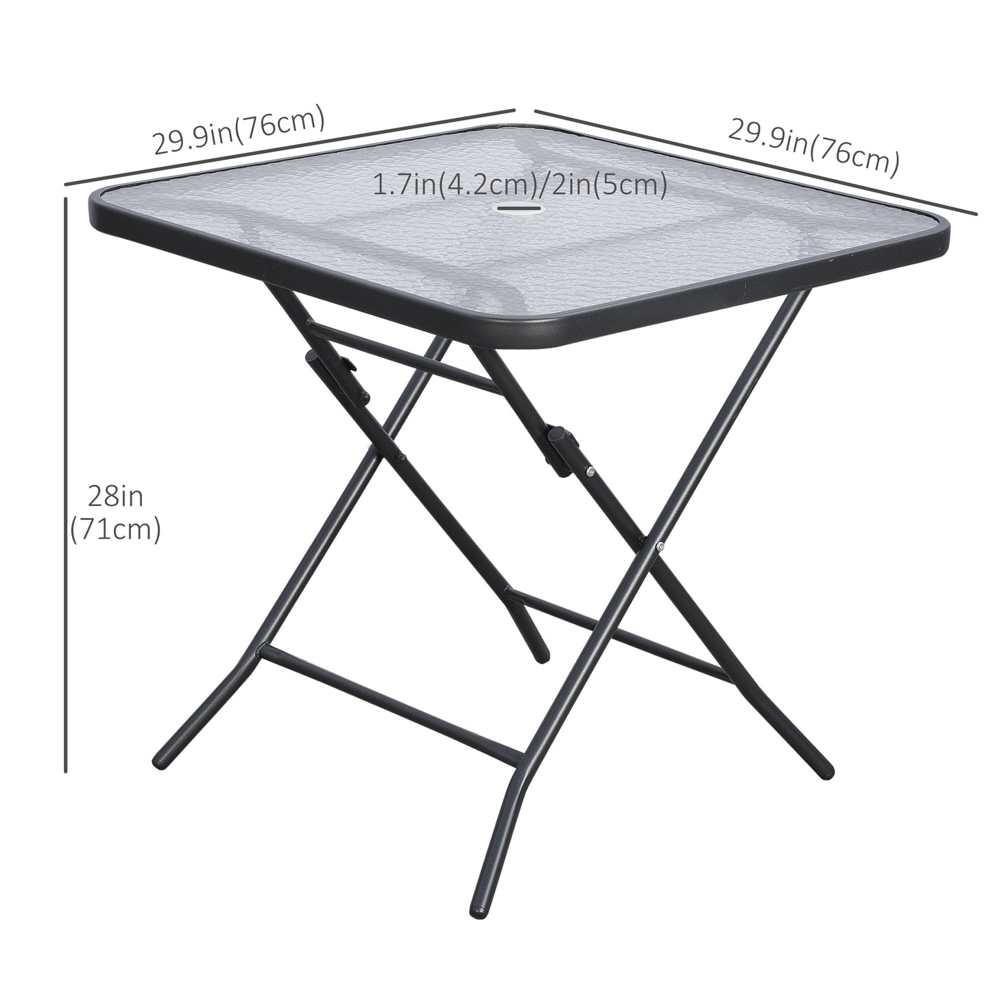 Outsunny 30" Square Outdoor Dining Table, Foldable Patio Table with Umbrella Hole, Water-Grain Glass Top Coffee Table for Balcony, Poolside, Black