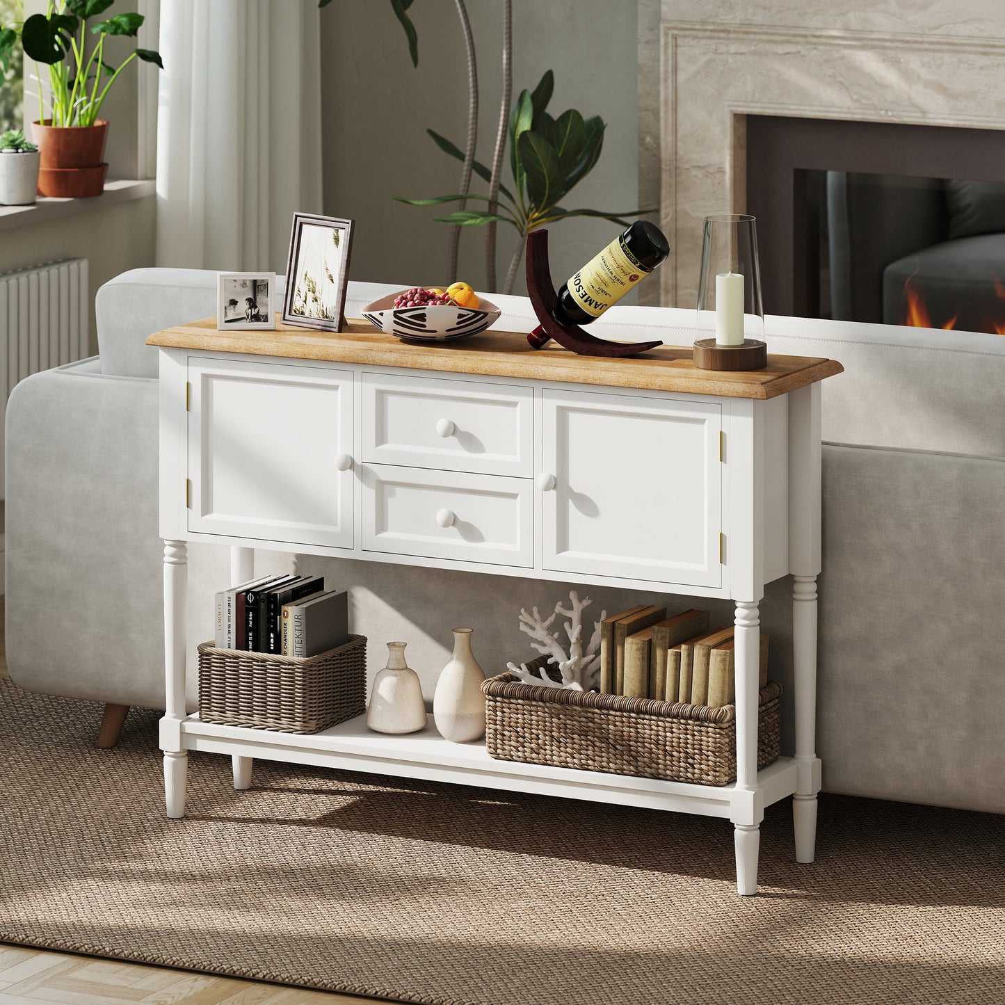 HOMCOM Vintage Console Table with 2 Drawers and Cabinets, Retro Sofa Table for Entryway, Living Room and Bedroom, White