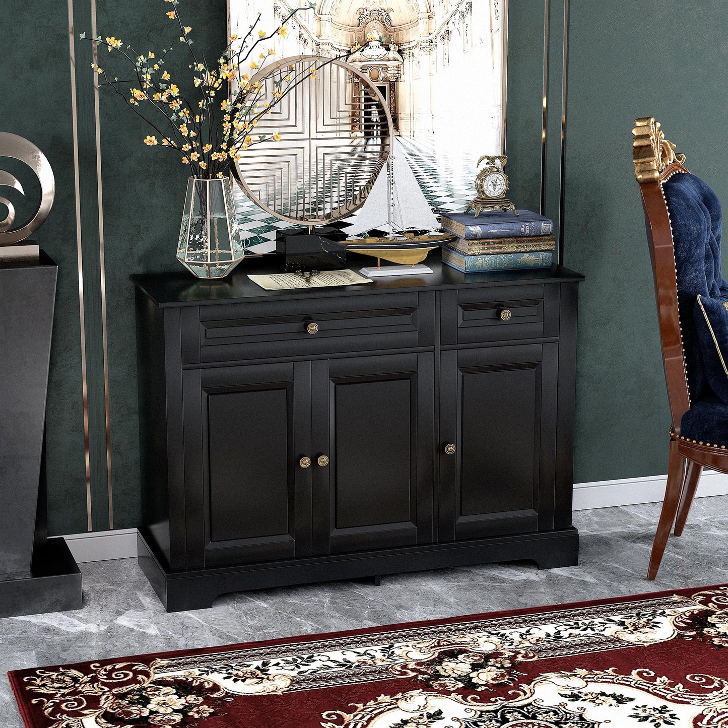 HOMCOM Modern Sideboard Cabinet, Buffet Cabinet with 2 Drawers and Adjustable Shelves, Buffets Tables for Dining Room, Black