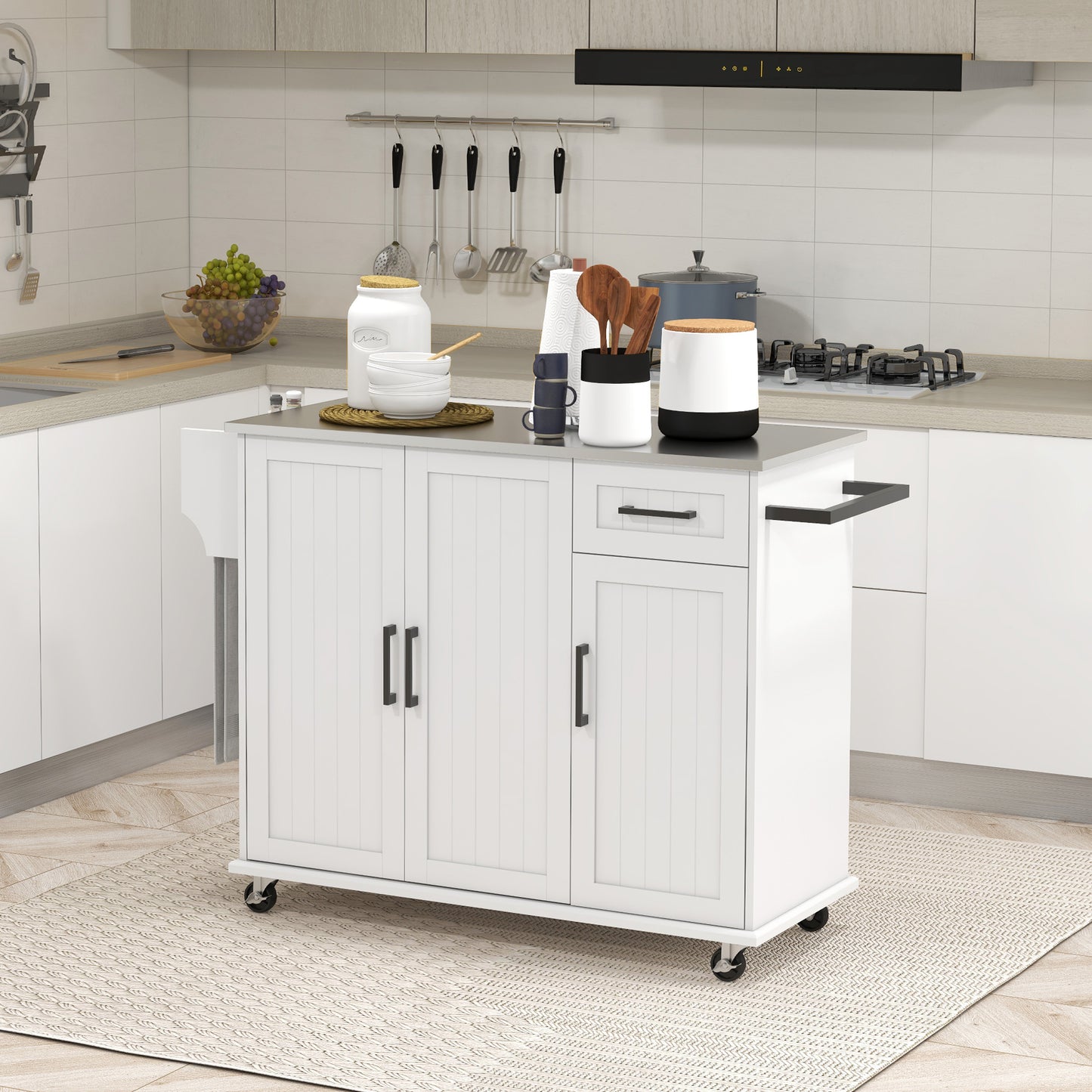 HOMCOM Kitchen Island with Storage, Rolling Kitchen Cart on Wheels, Kitchen Island with Storage, Drawer, 3 Cabinets, Stainless Steel Countertop, Spice Rack and Towel Rack, White