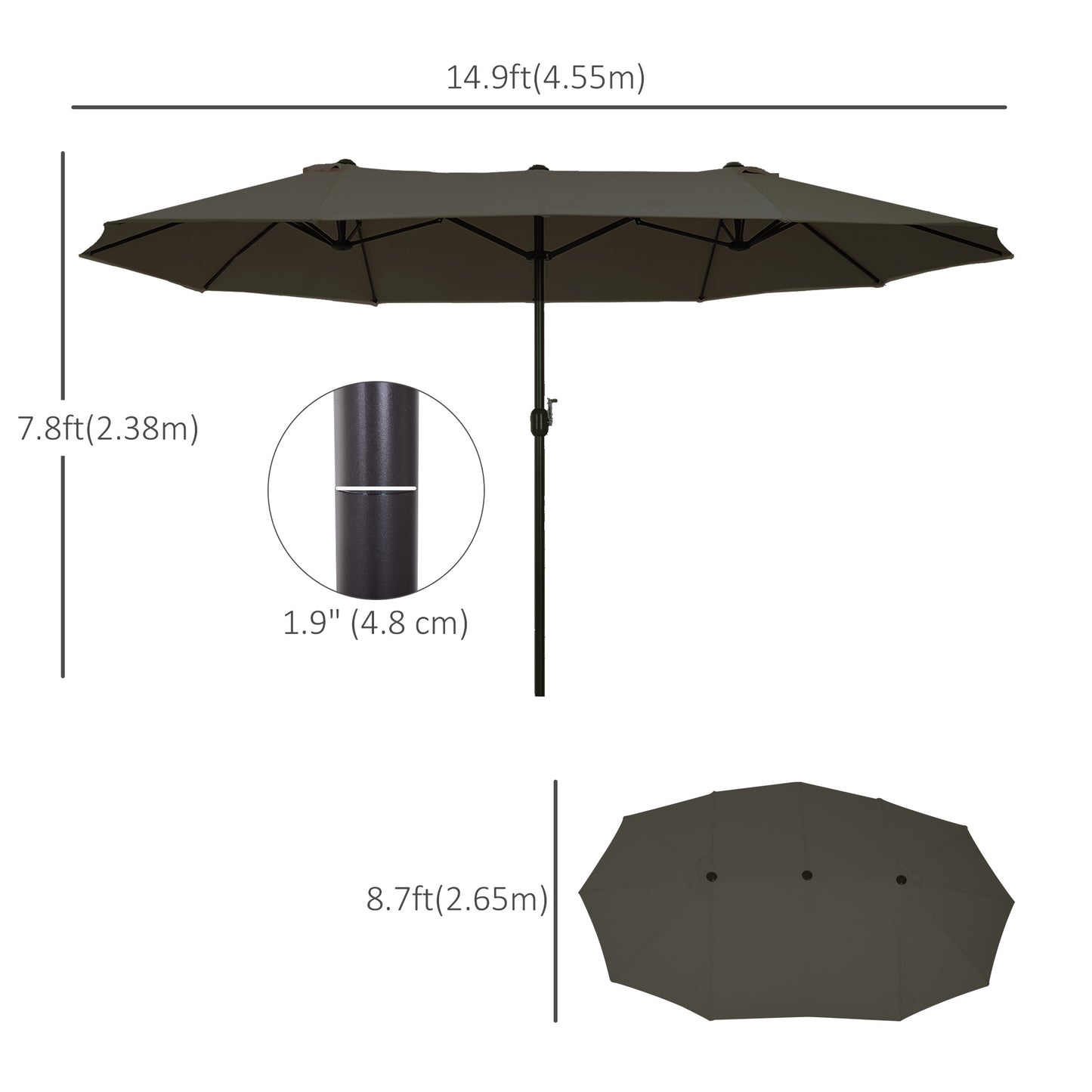 Outsunny 15' Double-Sided Patio Umbrella Parasol Sun Shelter Canopy Shade Grey