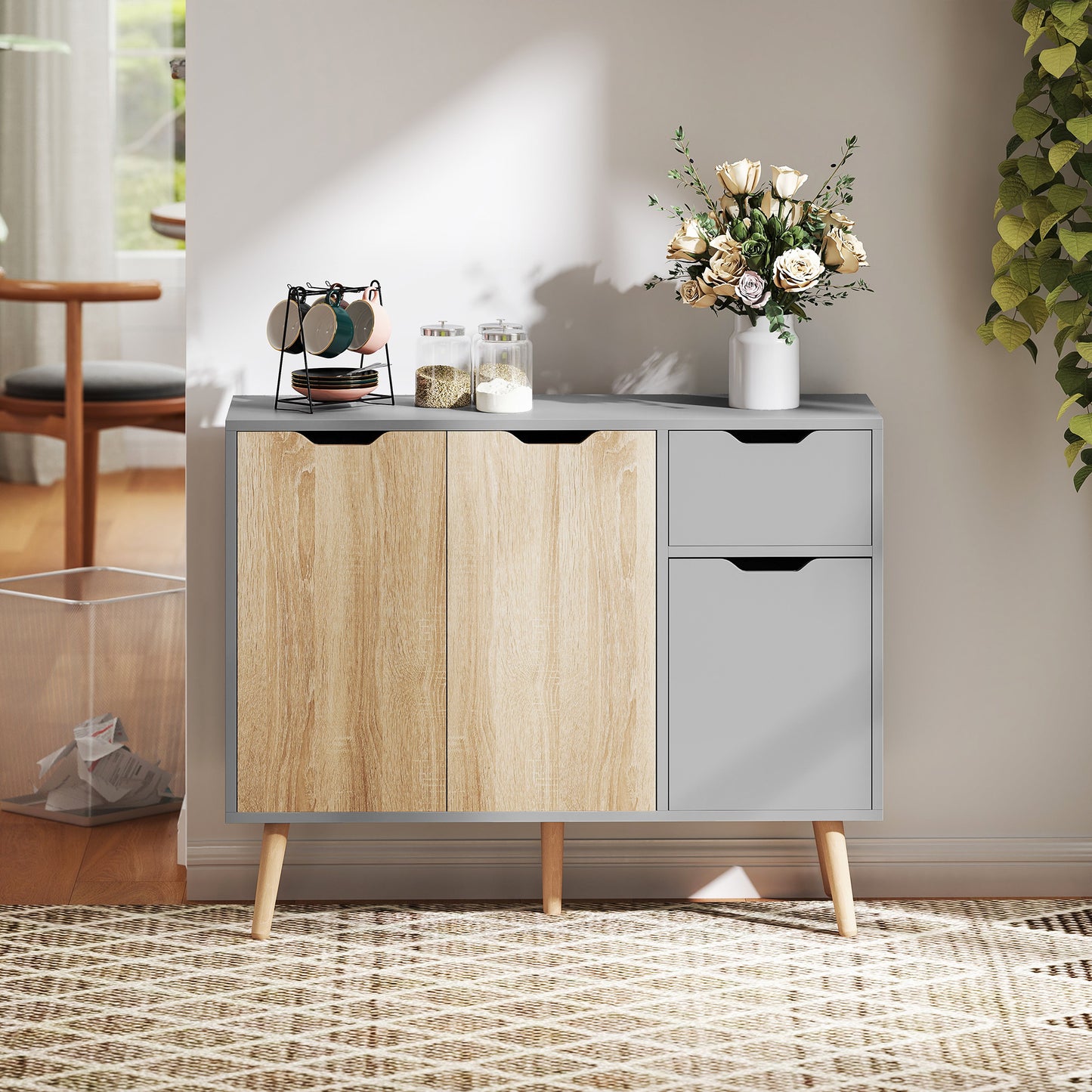 HOMCOM 35" Sideboard Storage Cabinet with Drawer, White and Grey