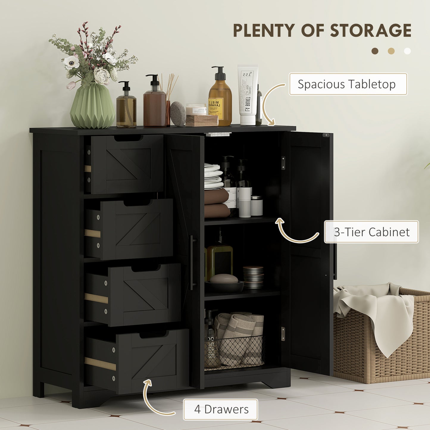 HOMCOM Bathroom Floor Cabinet, Farmhouse Bathroom Storage Cabinet with Adjustable Shelf, Black