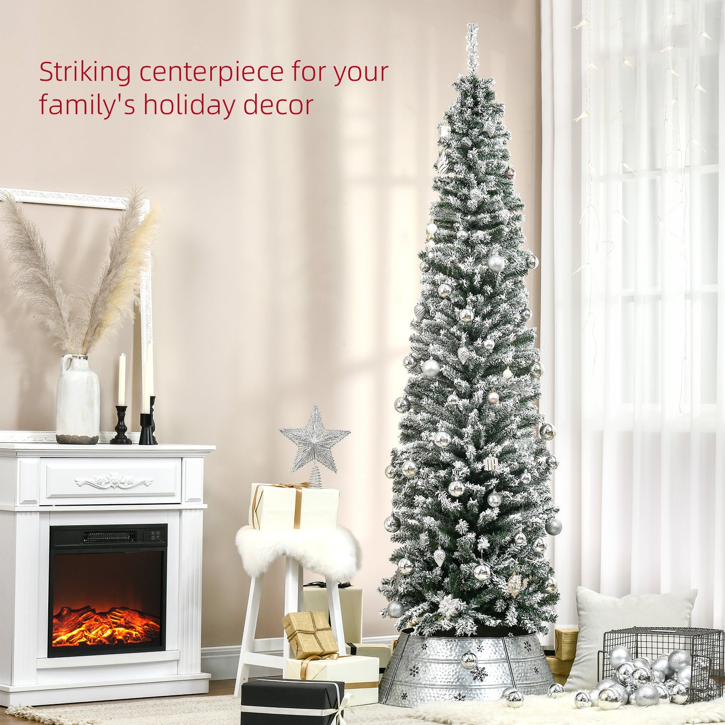 HOMCOM 7.5ft Flocked Christmas Tree, Pencil Christmas Tree with Realistic Branch Tips, Folding Metal Stand, Green