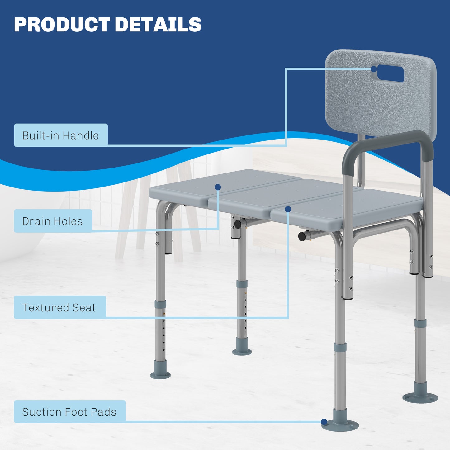 HOMCOM Bath Chair with Back, Adjustable Height Non-slip Shower Stool Bench Tool-Free Assembly Bathroom Aids, White