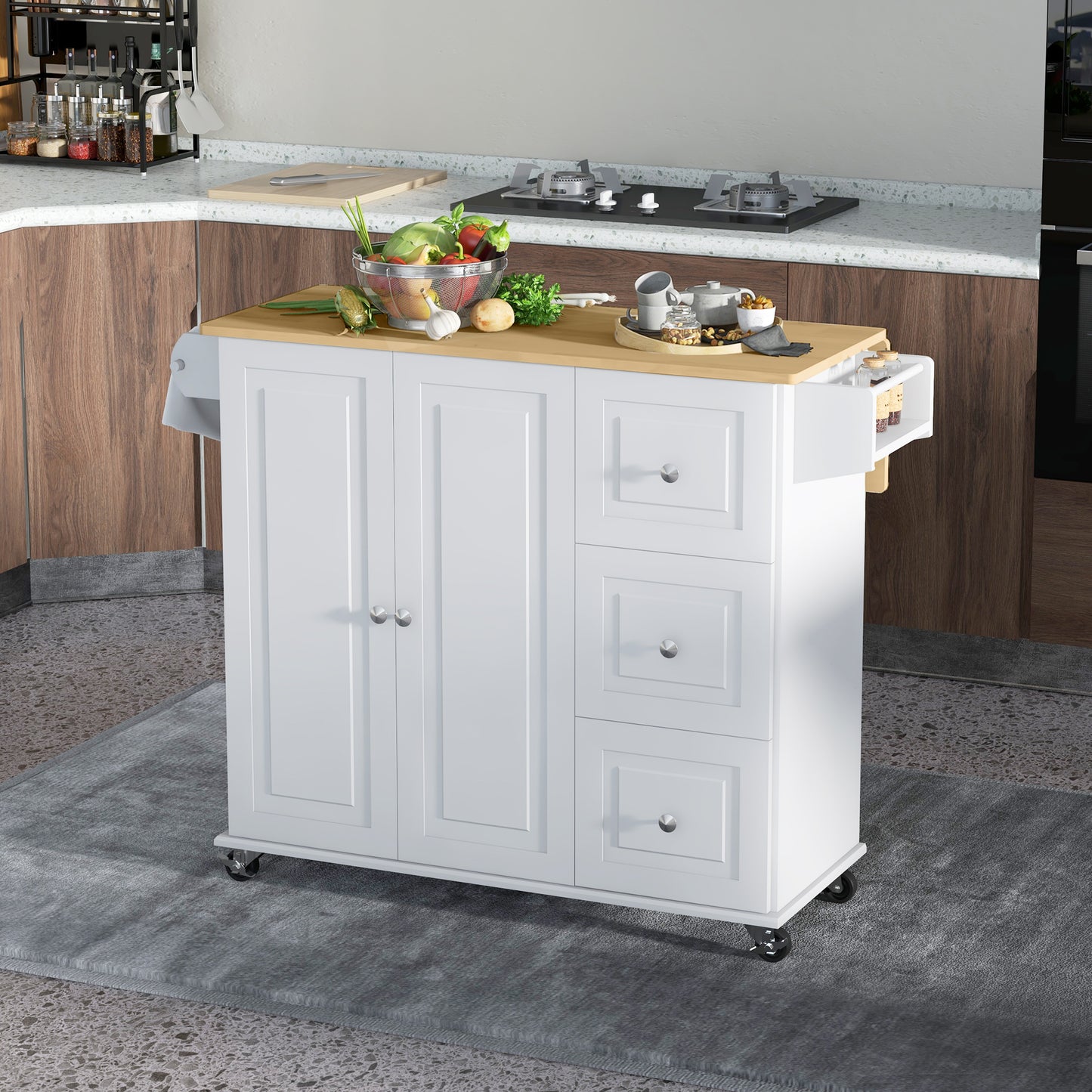HOMCOM Kitchen Island with Drop Leaf, Rolling Kitchen Cart on Wheels with 3 Drawers, Cabinet, Natural Wood Top, Spice Rack and Towel Rack, White