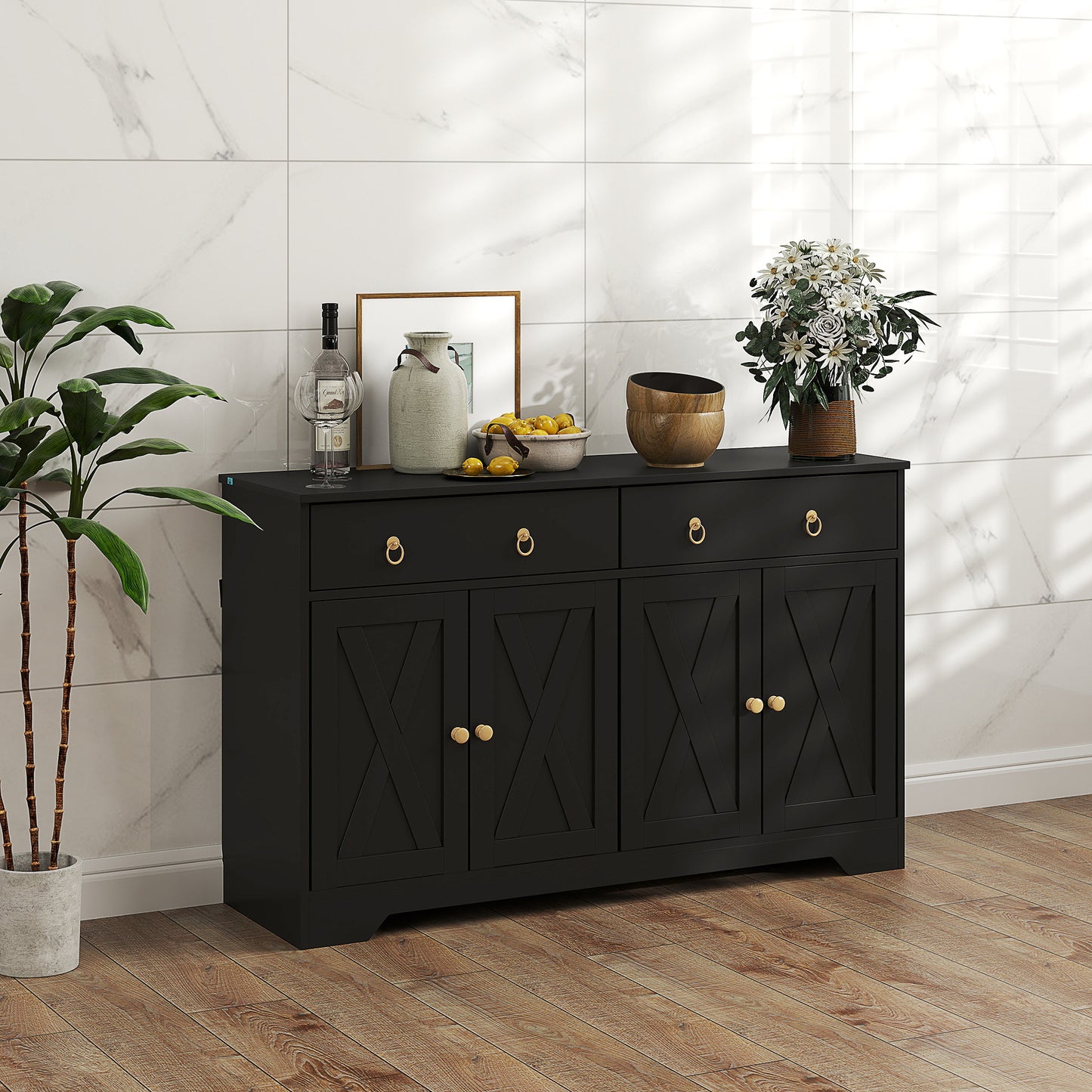 HOMCOM Sideboard Cabinet with 2 Drawers, 4 Barn Doors and 2 Adjustable Shelves, Buffet Table for Living Room, Black