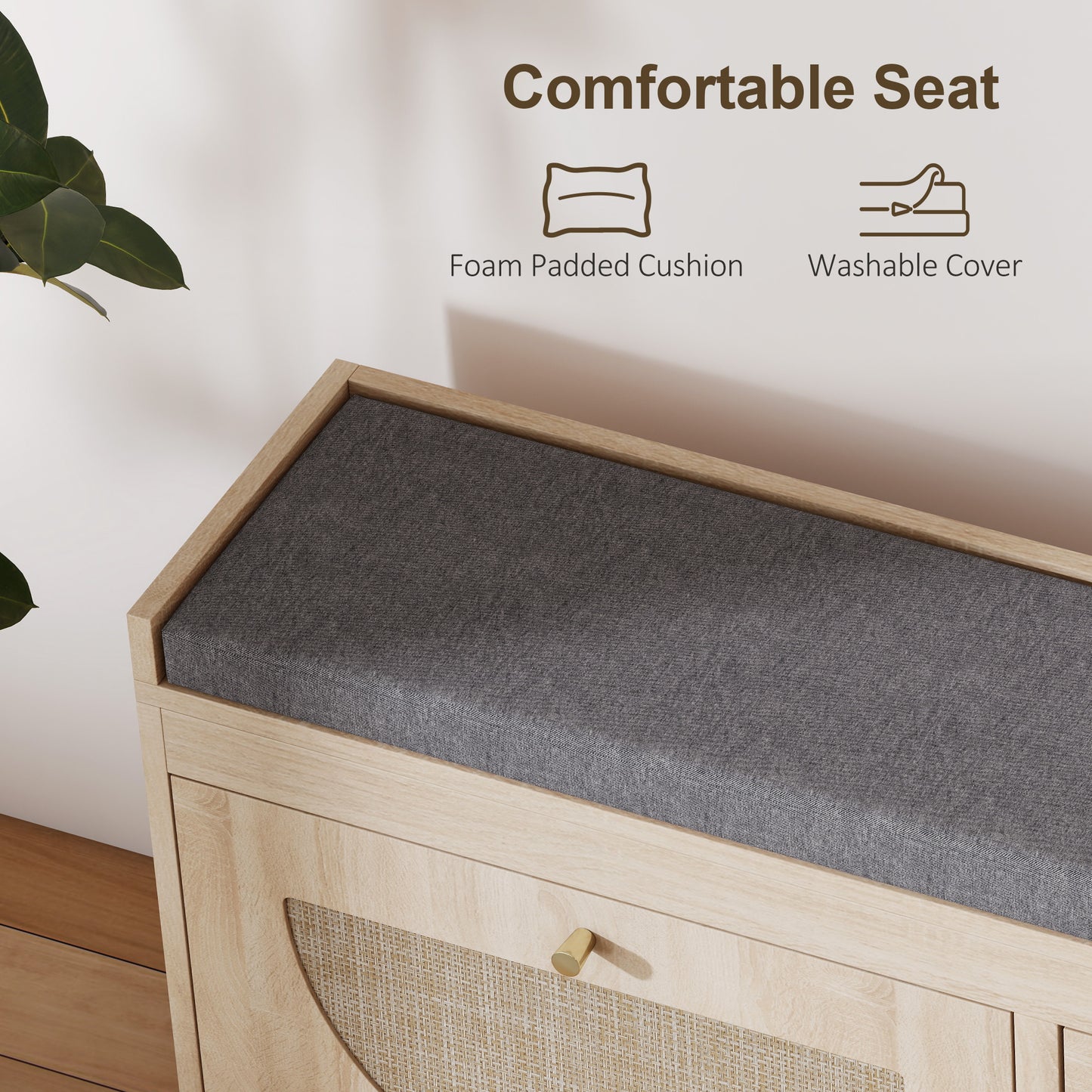 HOMCOM Shoe Bench with Flip Doors, Seat Cushion, Adjustable Shelves for 8 Pairs, Boho Entryway Bench for Bedroom, Natural Wood