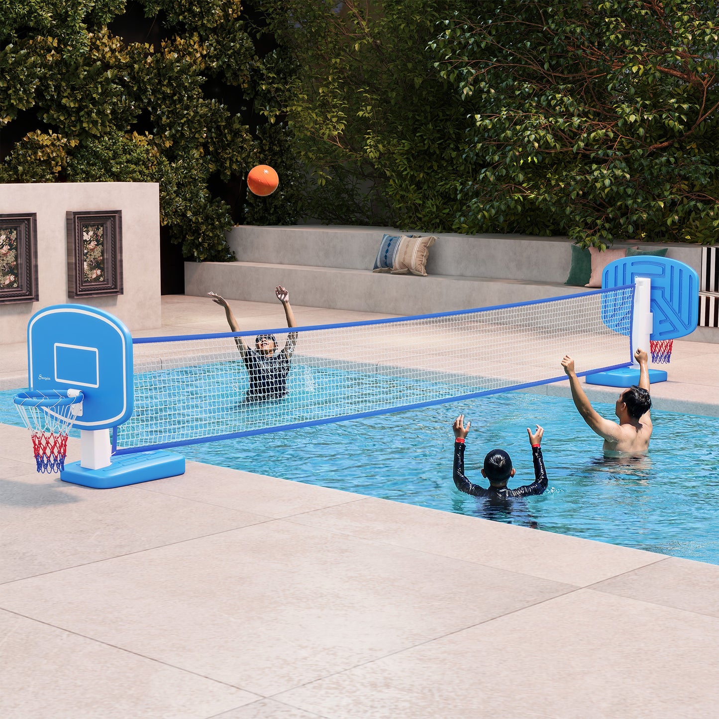HOMCOM 51"-64" Height Adjustable Basketball System Poolside Hoop Stand Portable with Wheels