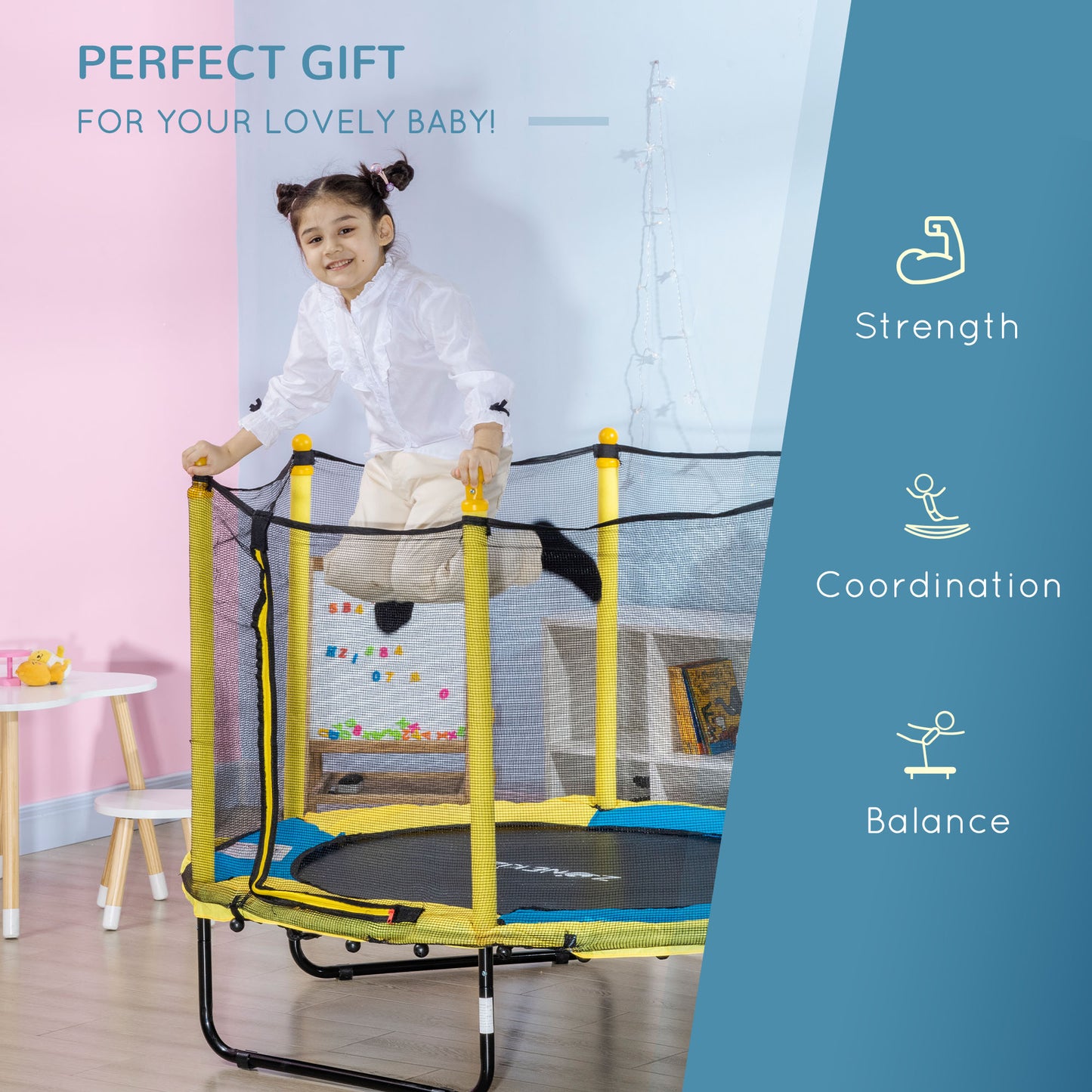 Qaba 4.6FT Trampoline for Kids with Enclosure Net for Ages 3-10, Indoor Outdoor Use, Black