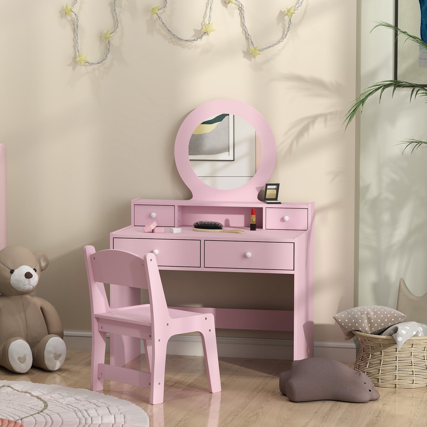 Qaba Kids Vanity Set, Dual-Use Dressing Table with Removable Tri-Folding Mirror and Drawer, for Ages 3-8, Pink