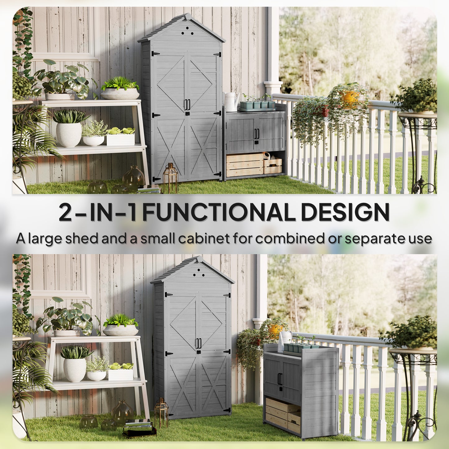 Outsunny 2-in-1 Outdoor Storage Cabinet, Wood Garden Shed with Shelves, Vent Holes, Foot Caps for Backyard, Patio, Lawn