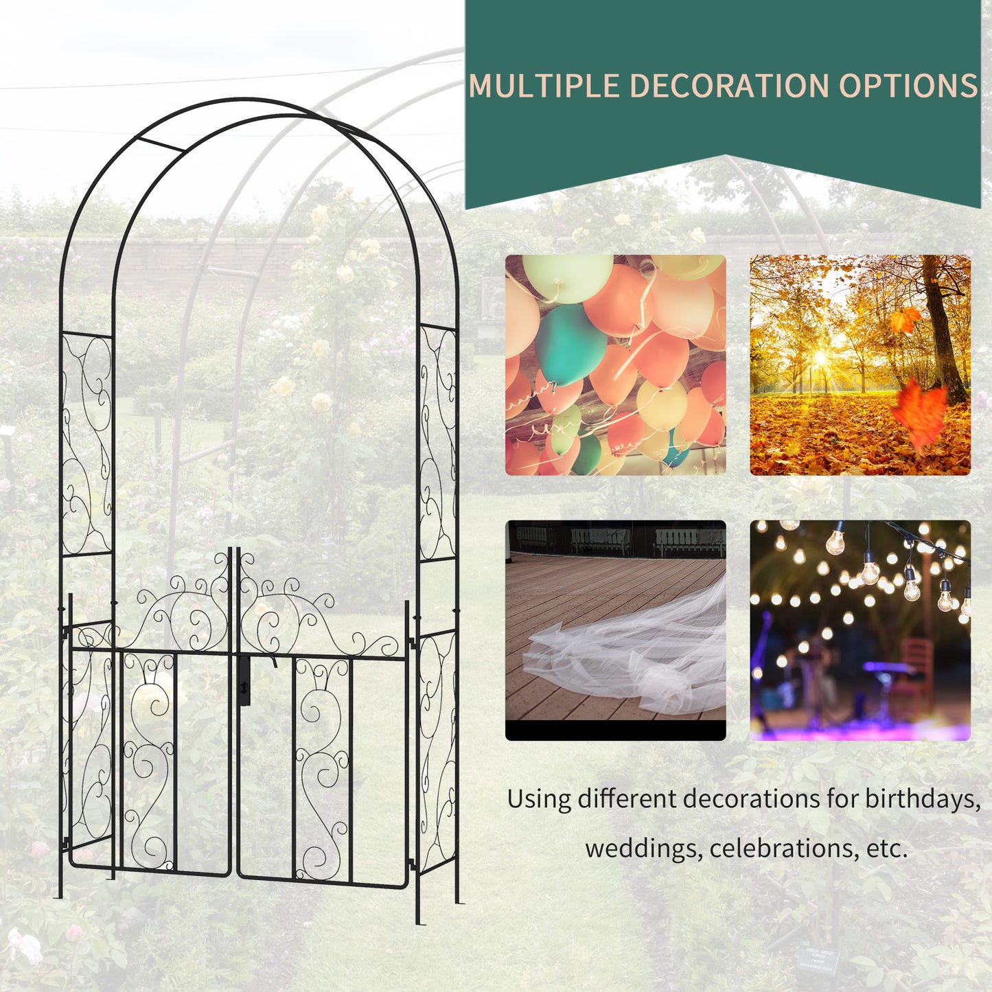 Outsunny Metal Garden Arch with Gate, Garden Arbor Trellis for Climbing Plants, Roses, Vines, Wedding Arch, Black
