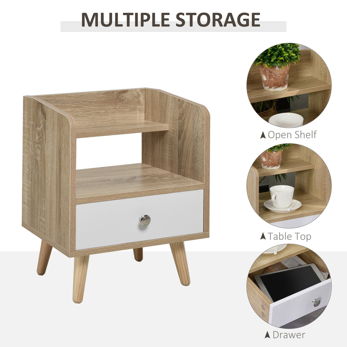 HOMCOM Bedside Table with 2-tier Shelf and Drawer, Side End Table with Storage for Living Room, Bedroom, Natural